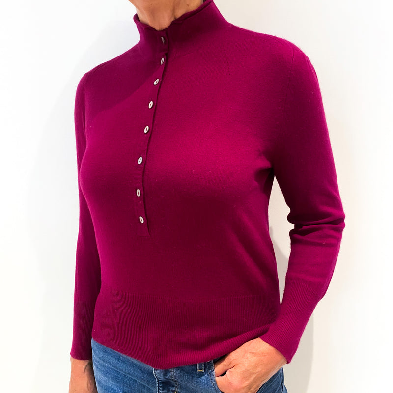 Magenta Pink Buttoned Front Cashmere Polo Neck Jumper Medium