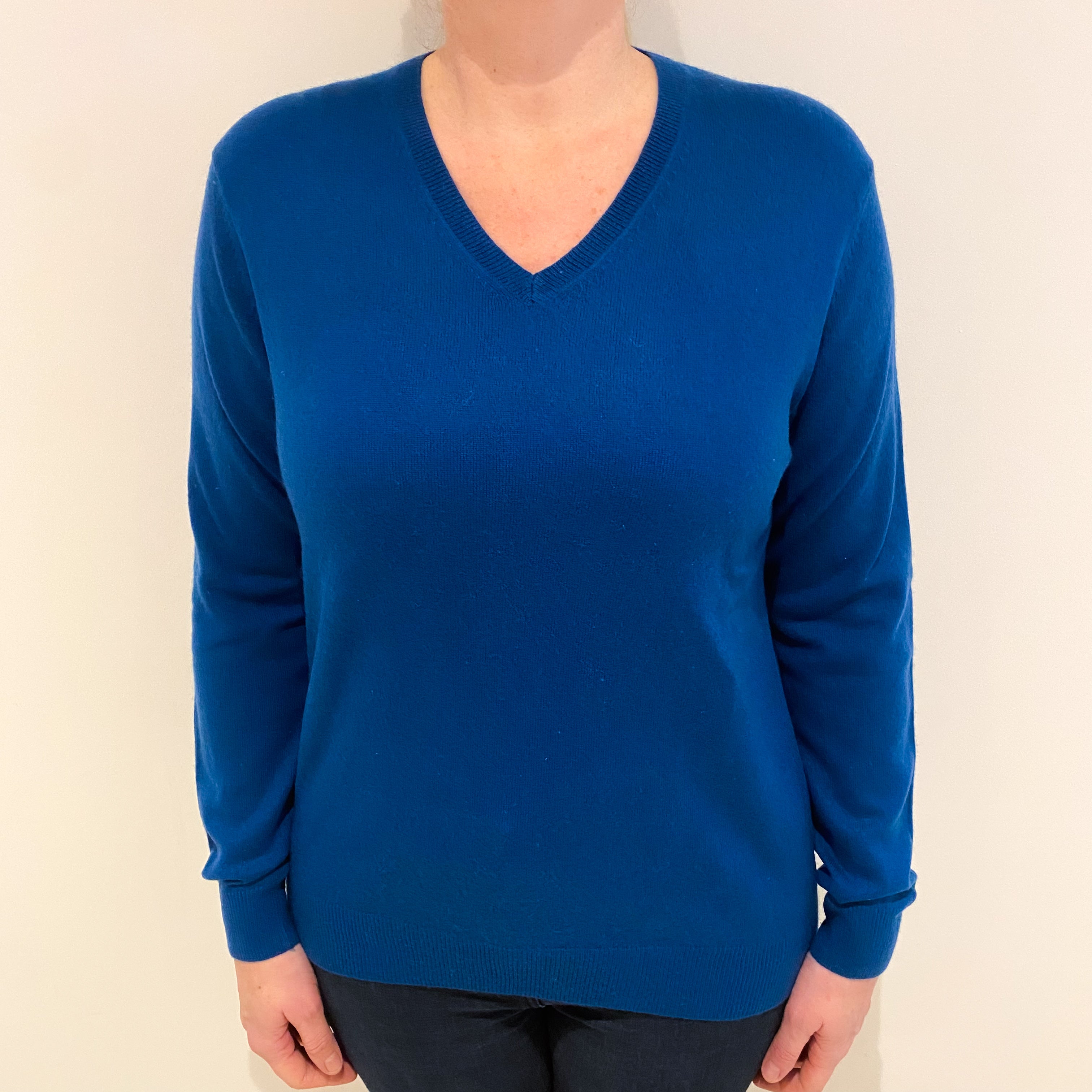Teal Blue Cashmere V Neck Jumper Large