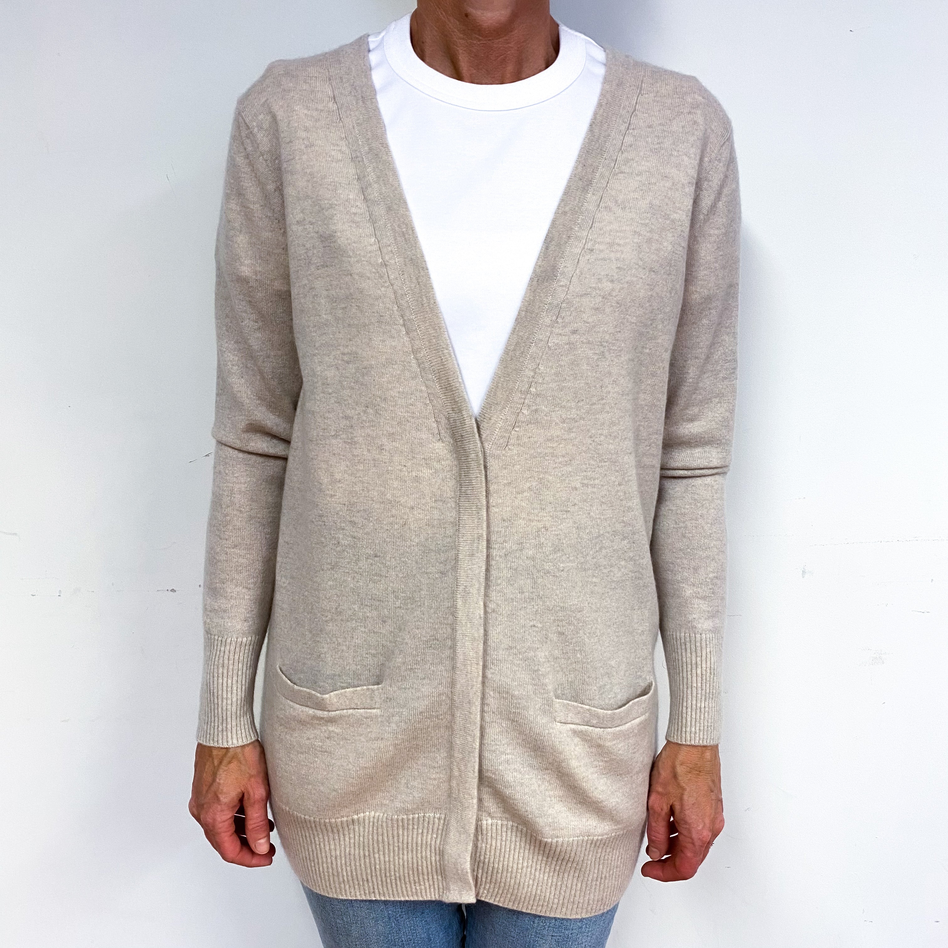Oatmeal Beige Cashmere V-Neck Button Up Cardigan Medium