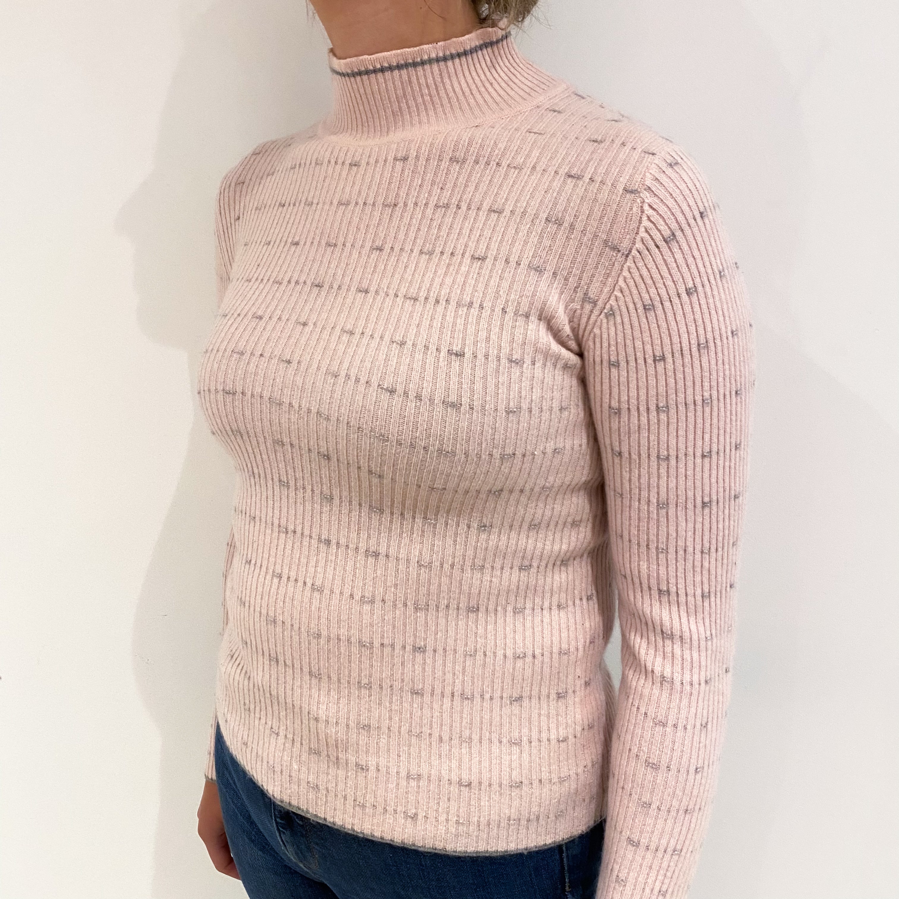 Pale Pink and Grey Rib Cashmere Turtle Neck Jumper Small