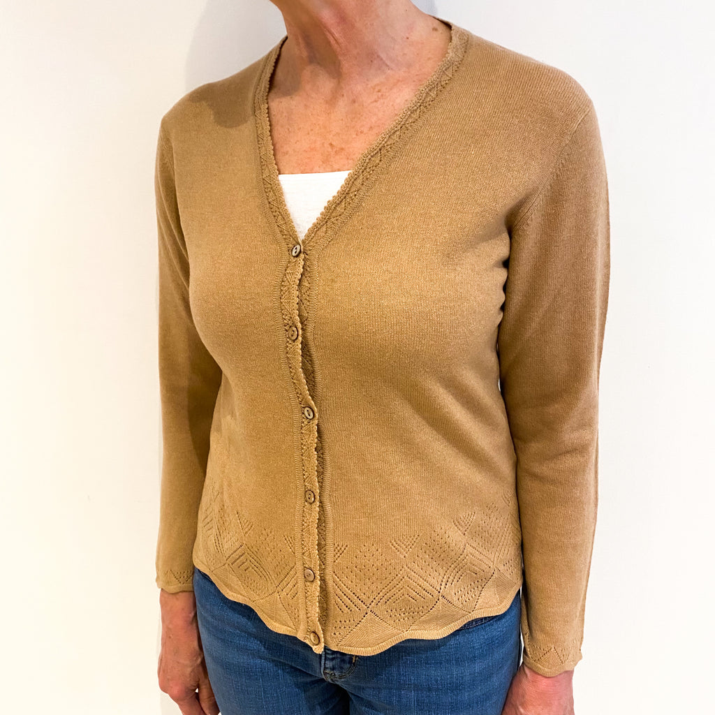 Caramel Brown Cashmere V Neck Lace Knit Trim Cardigan Medium