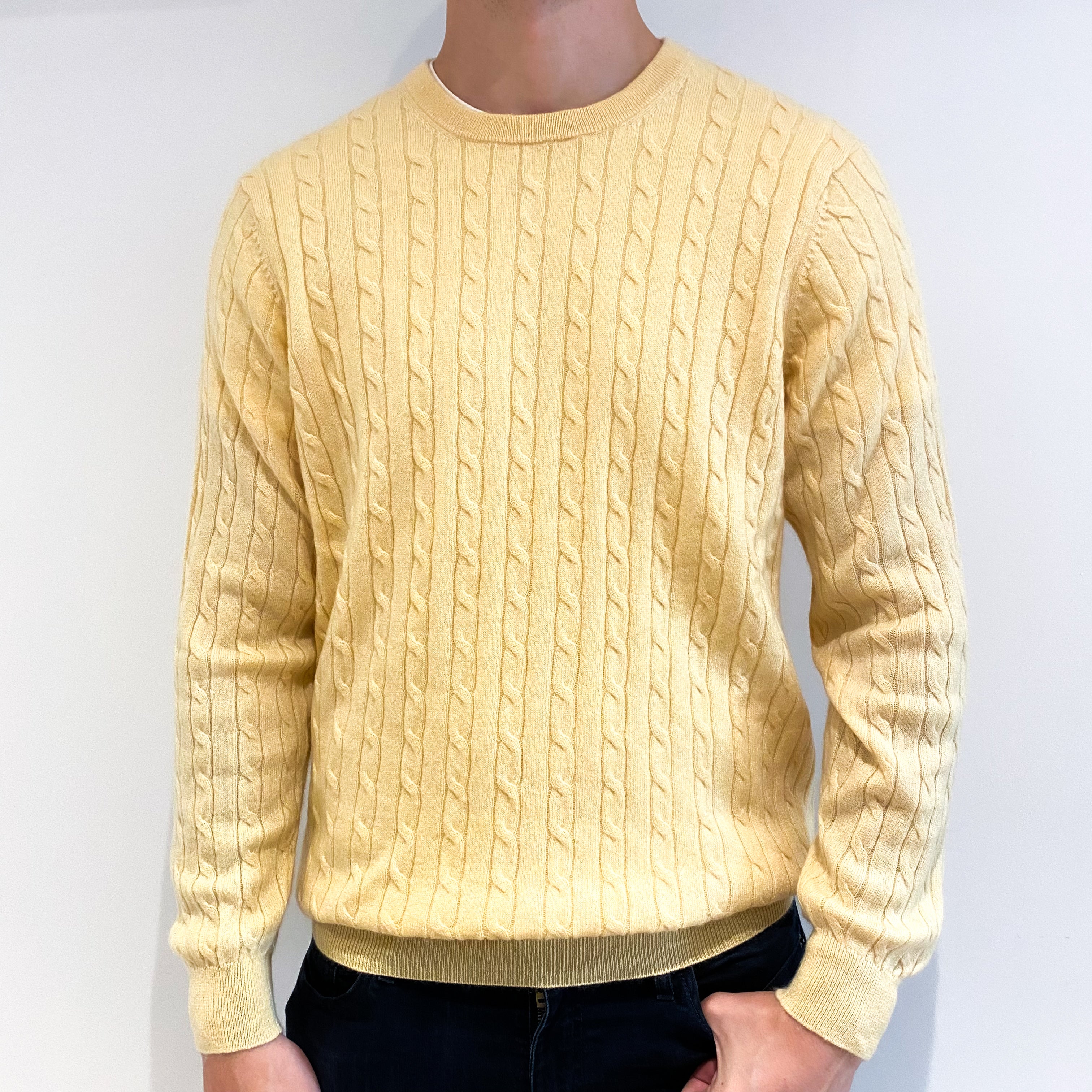 Men's Custard Yellow Cable Cashmere Crew Neck Jumper Extra Large