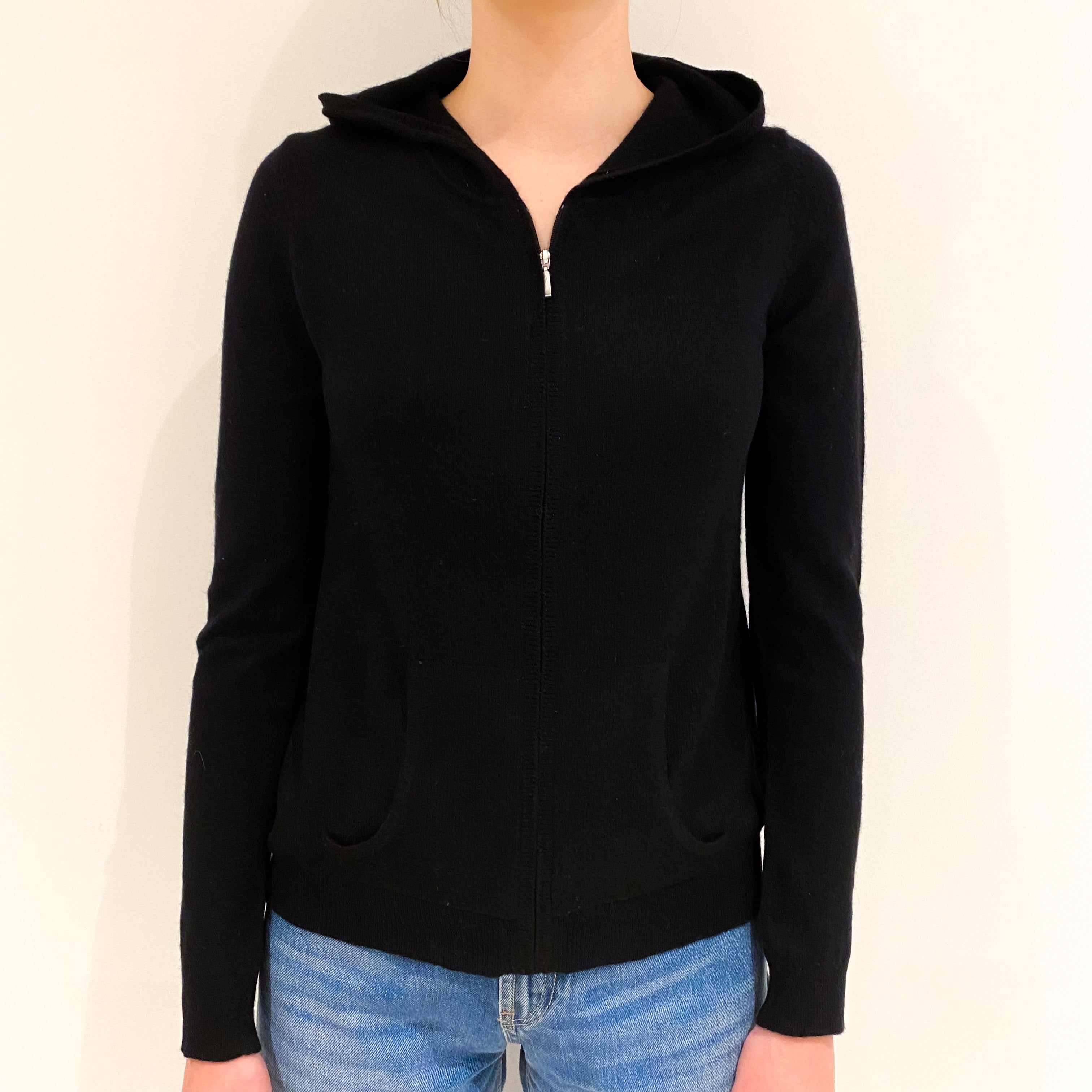 Black Cashmere Zip Front Hoodie Extra Small