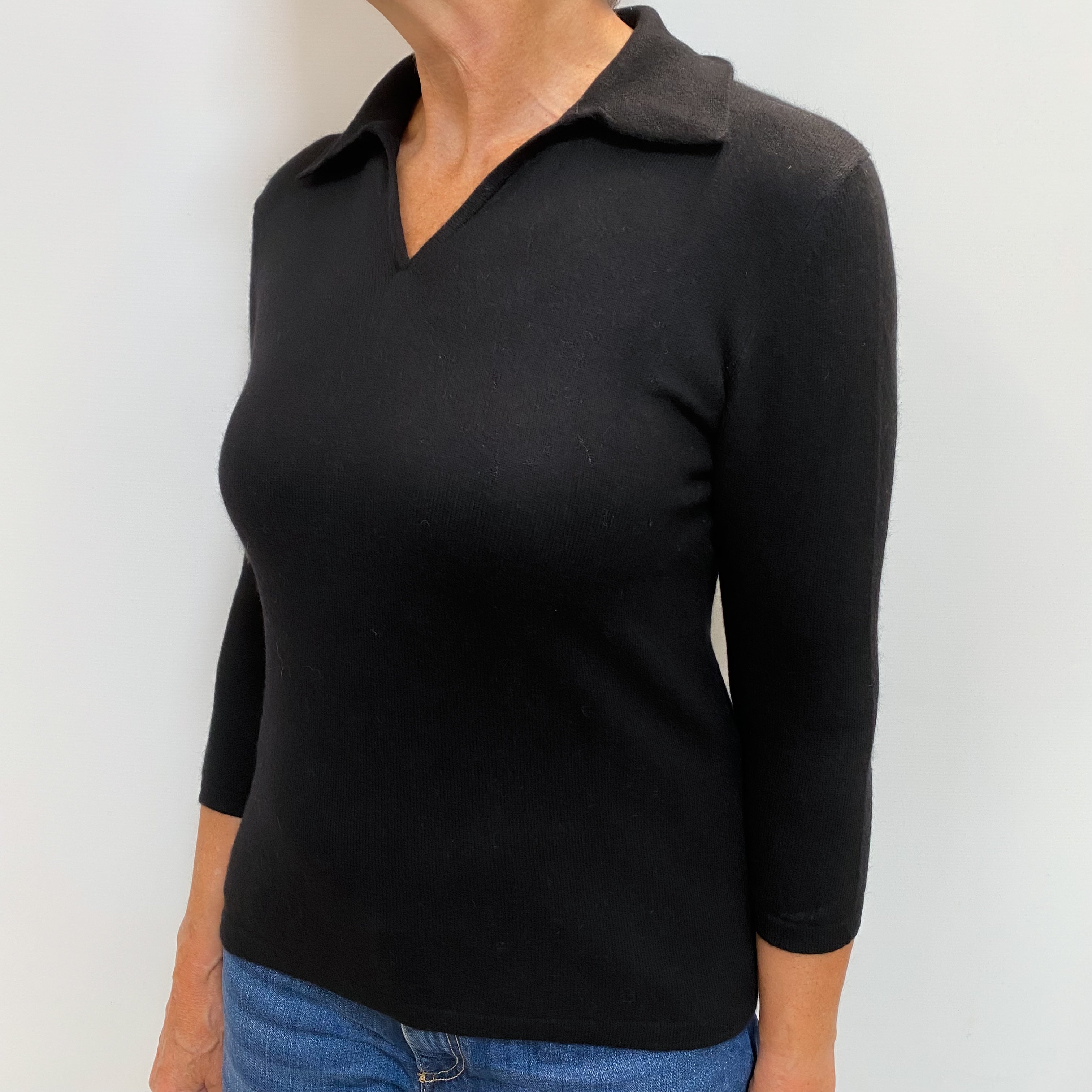 Black Cashmere Collared V Neck Jumper Medium