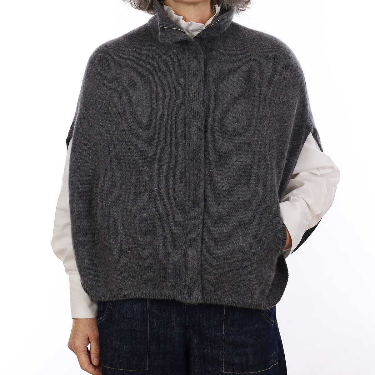 Slate Grey Chunky Cashmere Zip Up Turtle Neck Poncho One Size