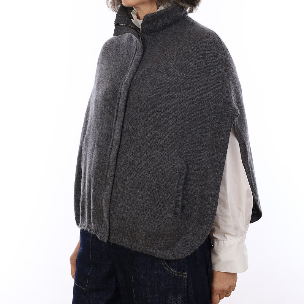 Slate Grey Chunky Cashmere Zip Up Turtle Neck Poncho One Size