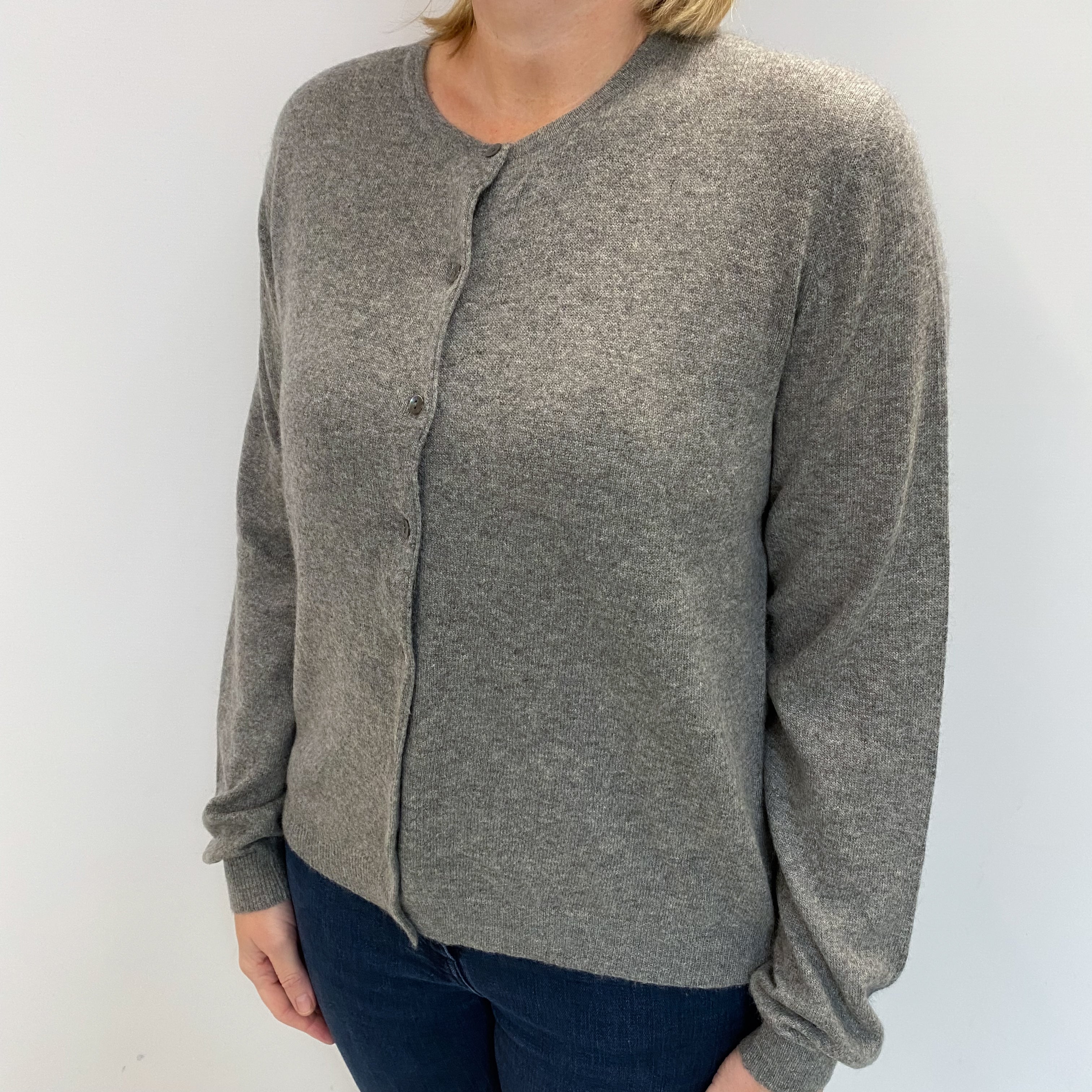 Ash Grey Cashmere Crew Neck Cardigan Large