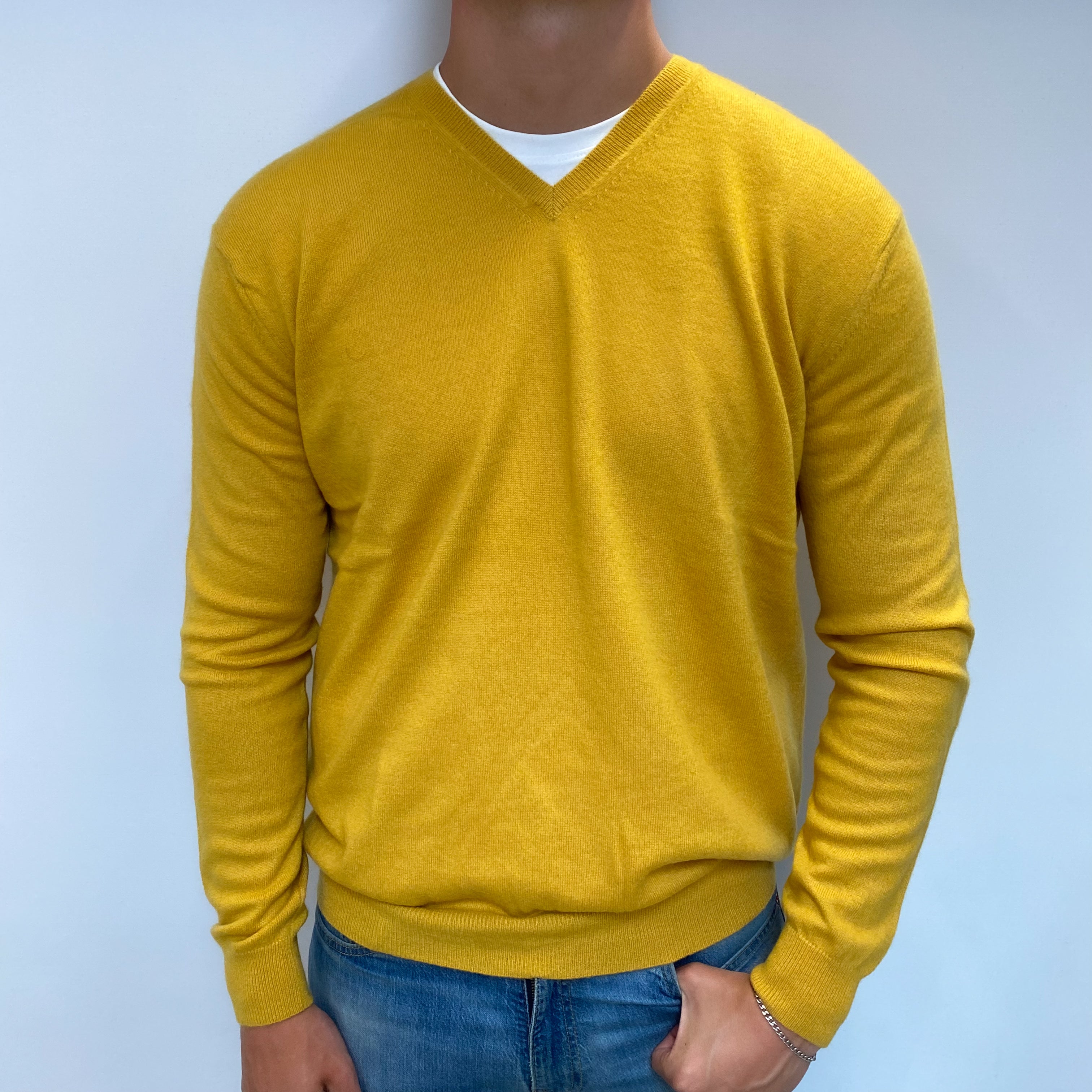 Men's Mustard Yellow Cashmere V Neck Jumper XXL