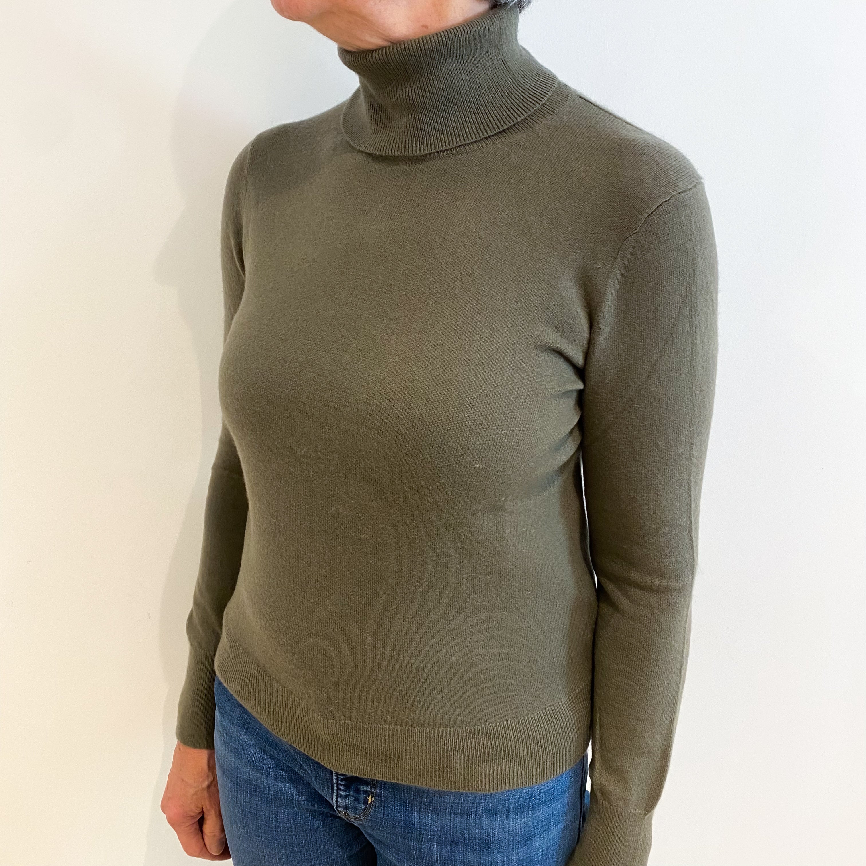 Olive Green Cashmere Polo Neck Jumper Medium