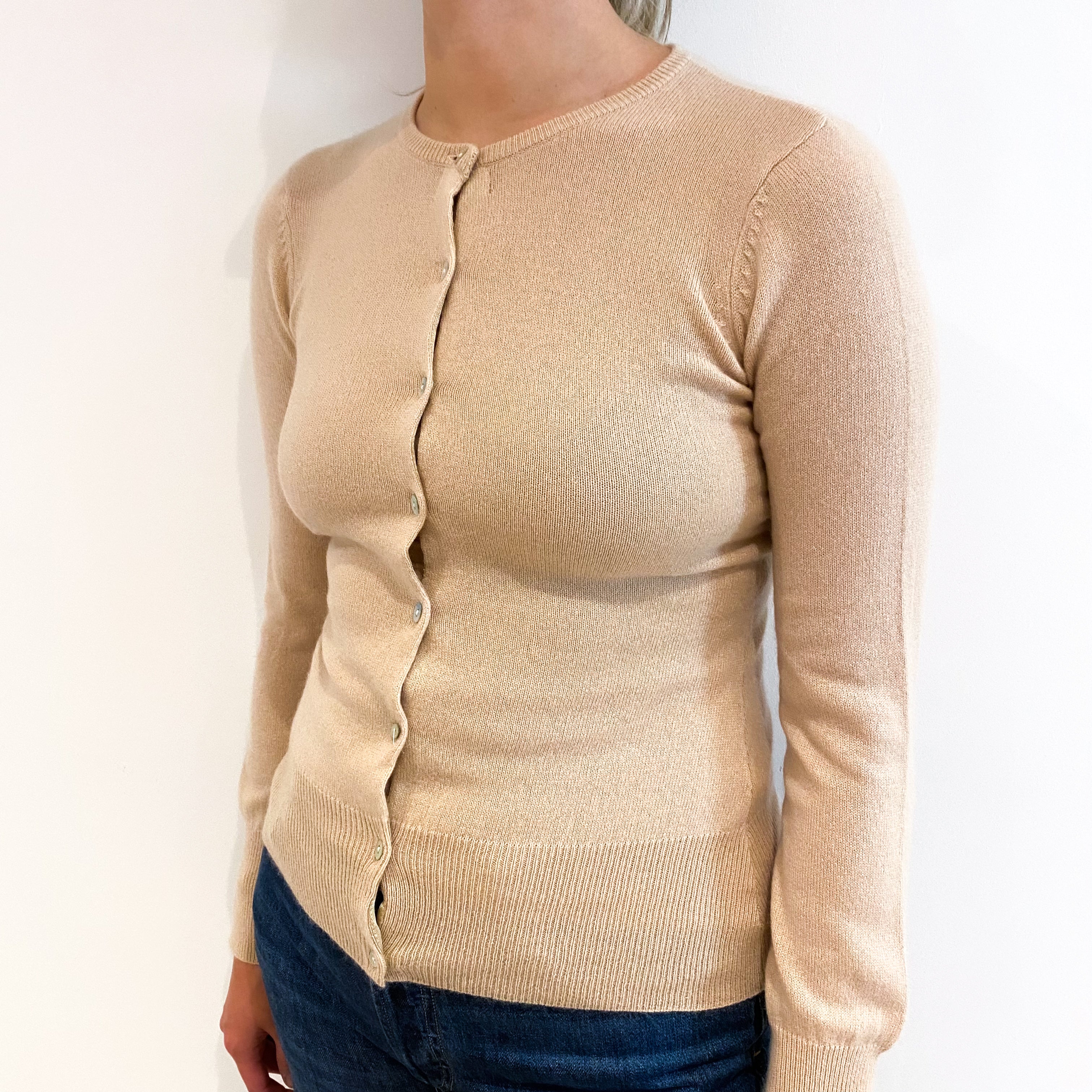 Soft Beige Cashmere Crew Neck Cardigan Small