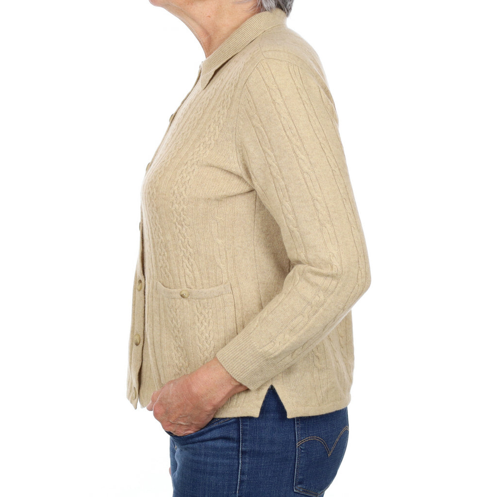 Honey Beige Cashmere Collared Crew Neck Cardigan Medium