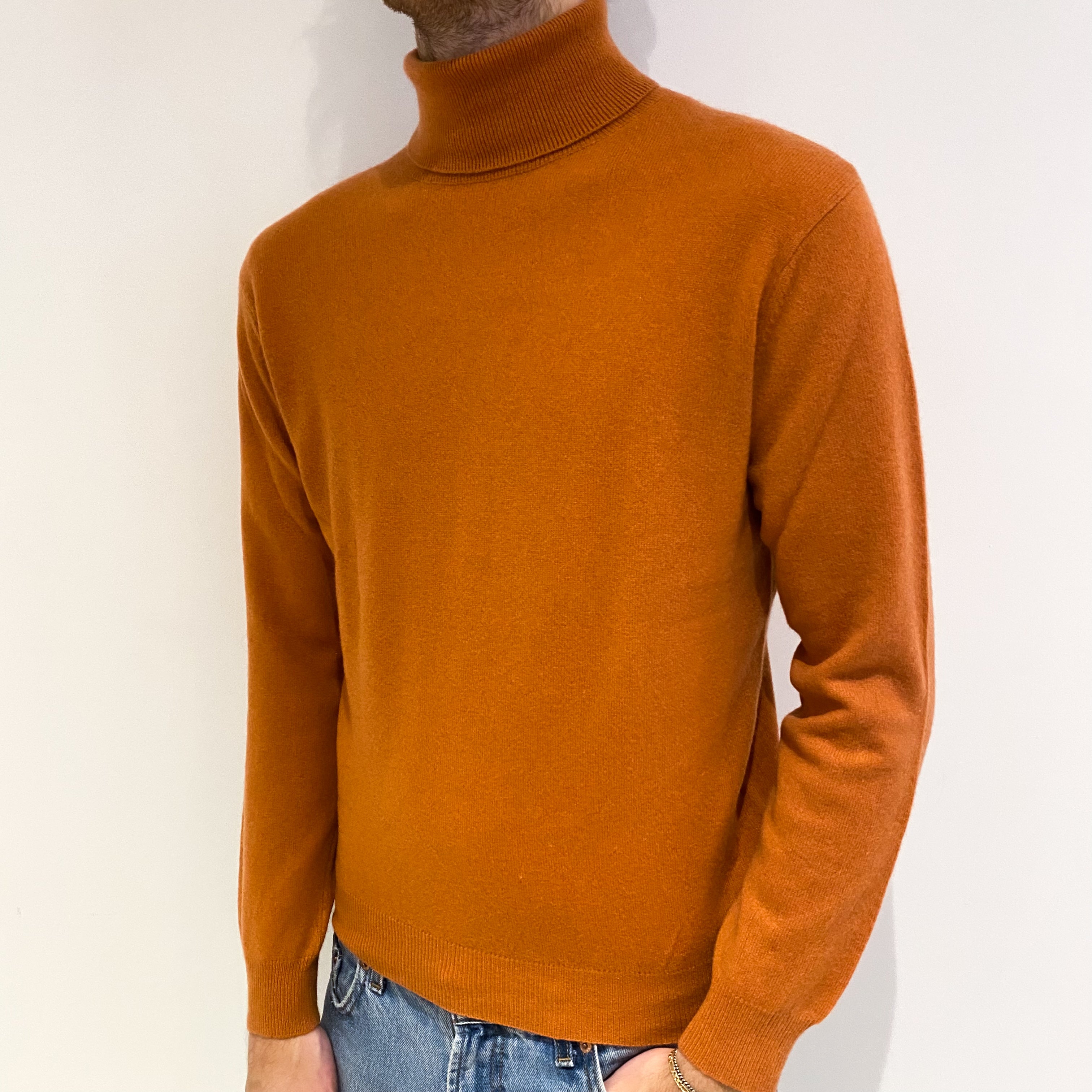Men's Pumpkin Orange Cashmere Polo Neck Jumper Medium