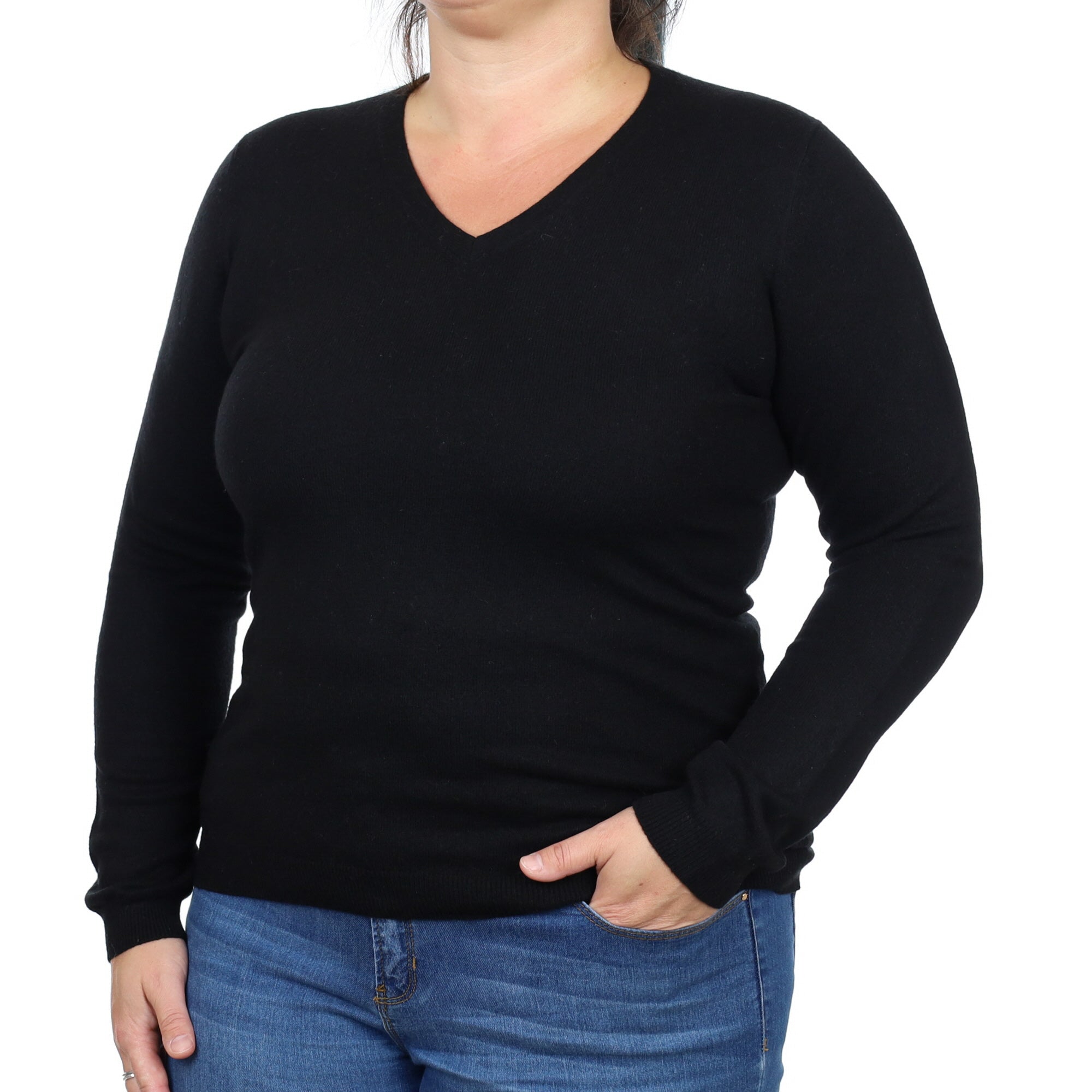 Black Cashmere V Neck Jumper Large
