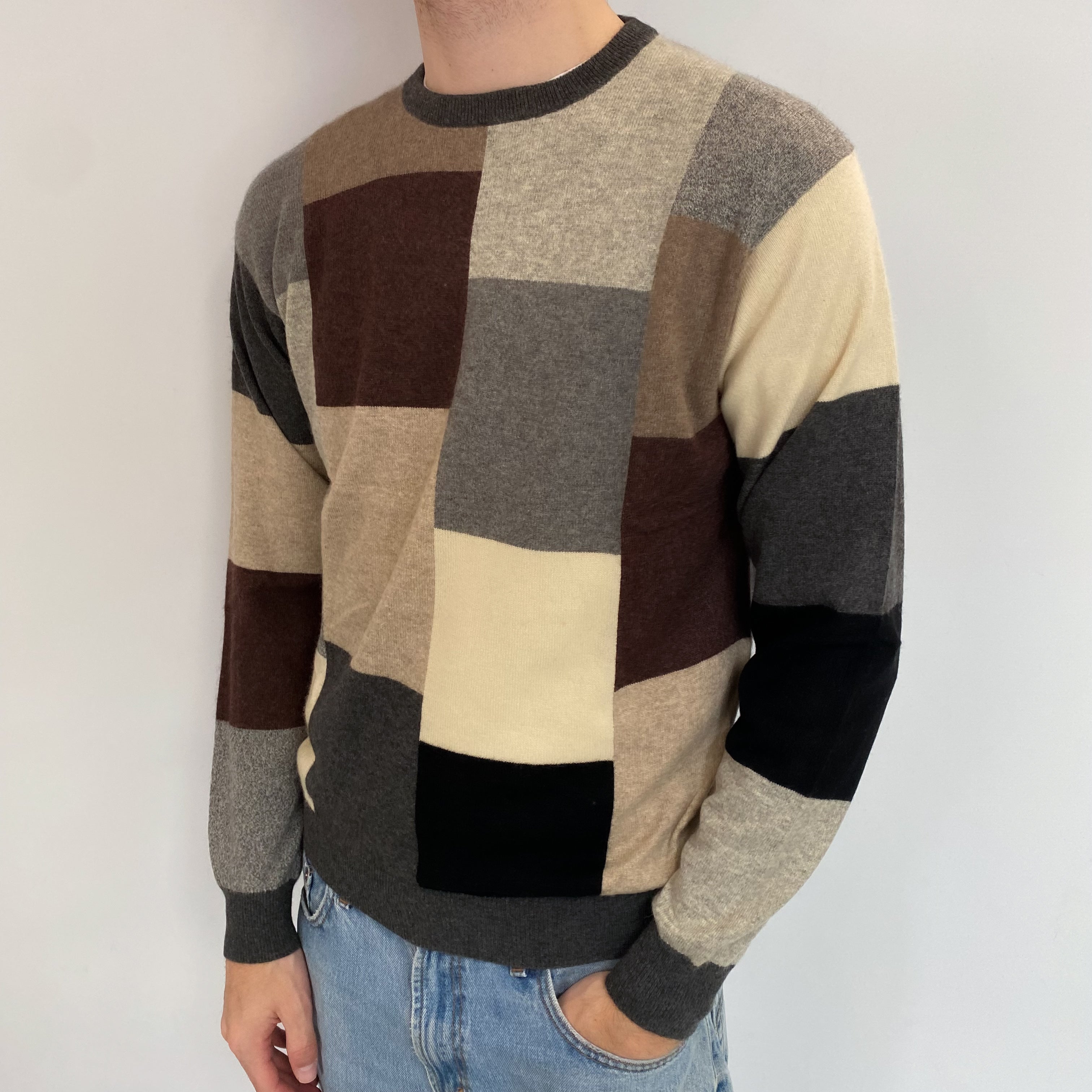 Men's Grey Colour Block Cashmere Crew Neck Jumper Medium