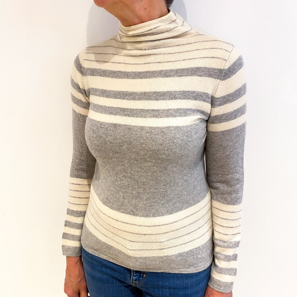 Smoke Grey And Cream Stripe Cashmere Funnel Neck Jumper Medium