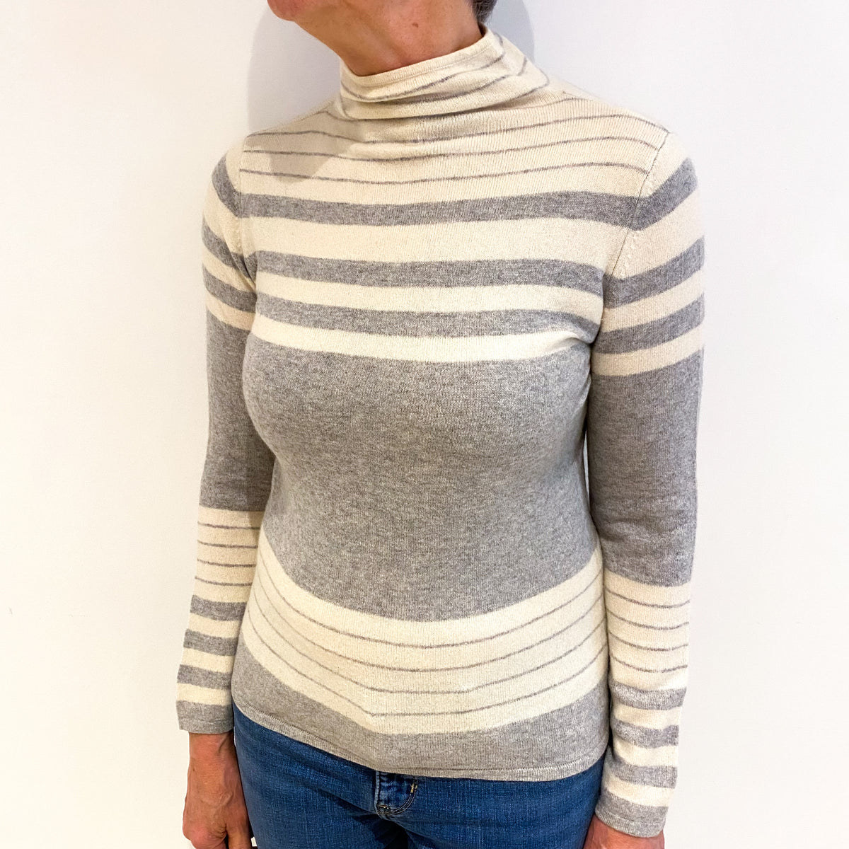 Smoke Grey And Cream Stripe Cashmere Funnel Neck Jumper Medium