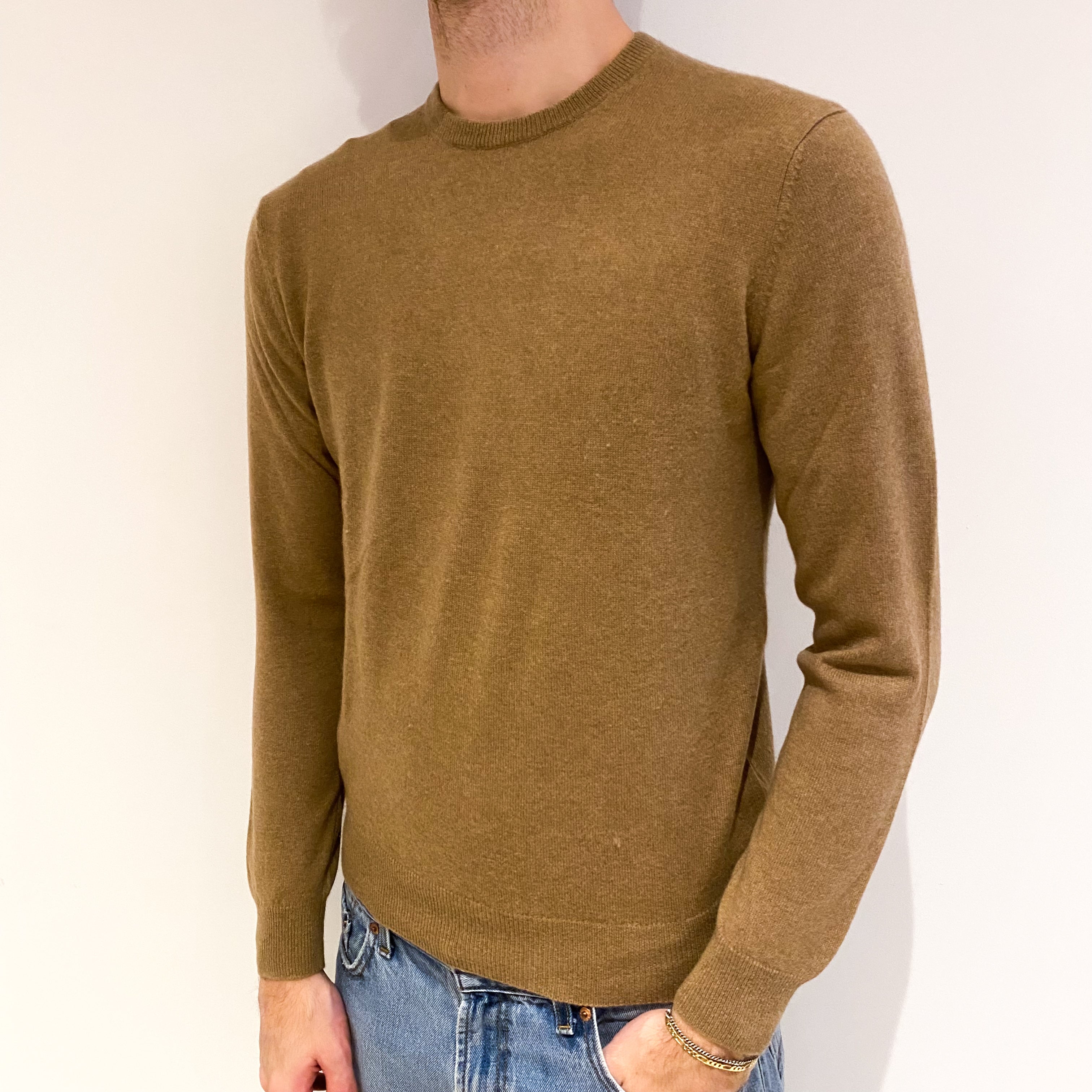 Men's Sand Beige Cashmere Crew Neck Jumper Medium