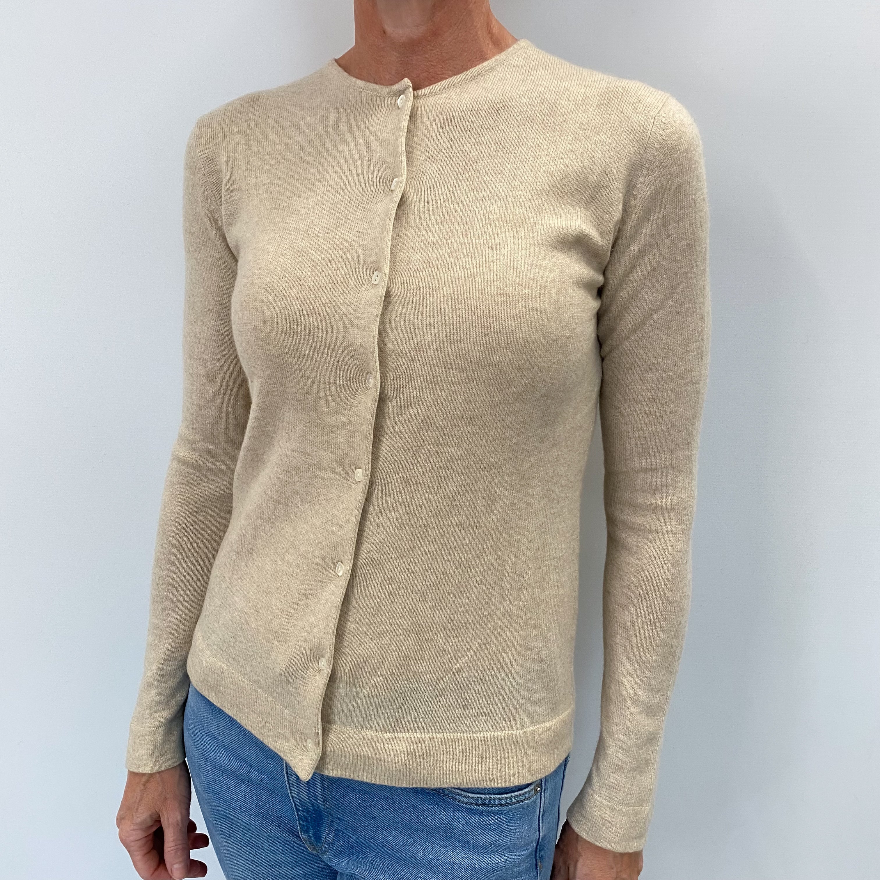Sand Beige Cashmere Crew Neck Cardigan Small