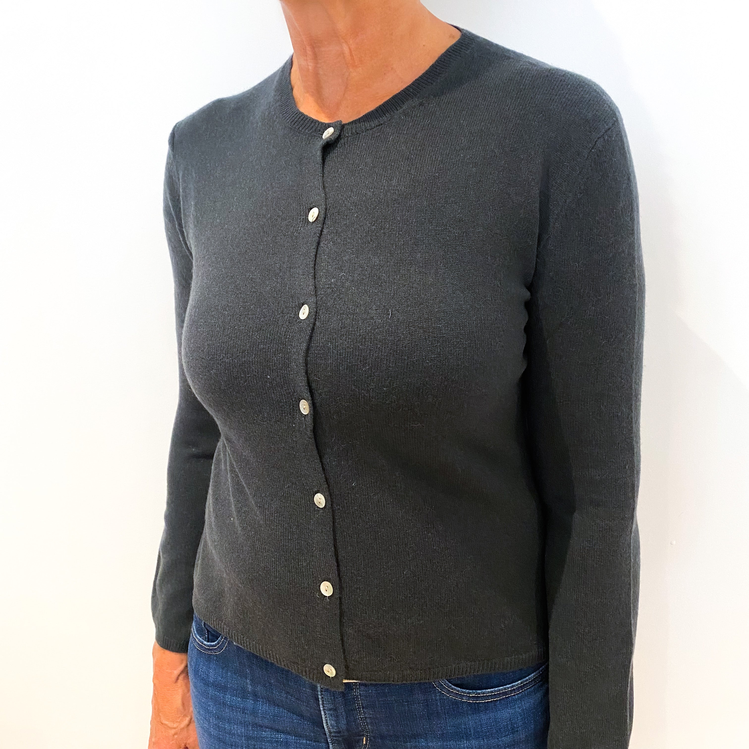Darkest Khaki Cashmere Crew Neck Cardigan Medium