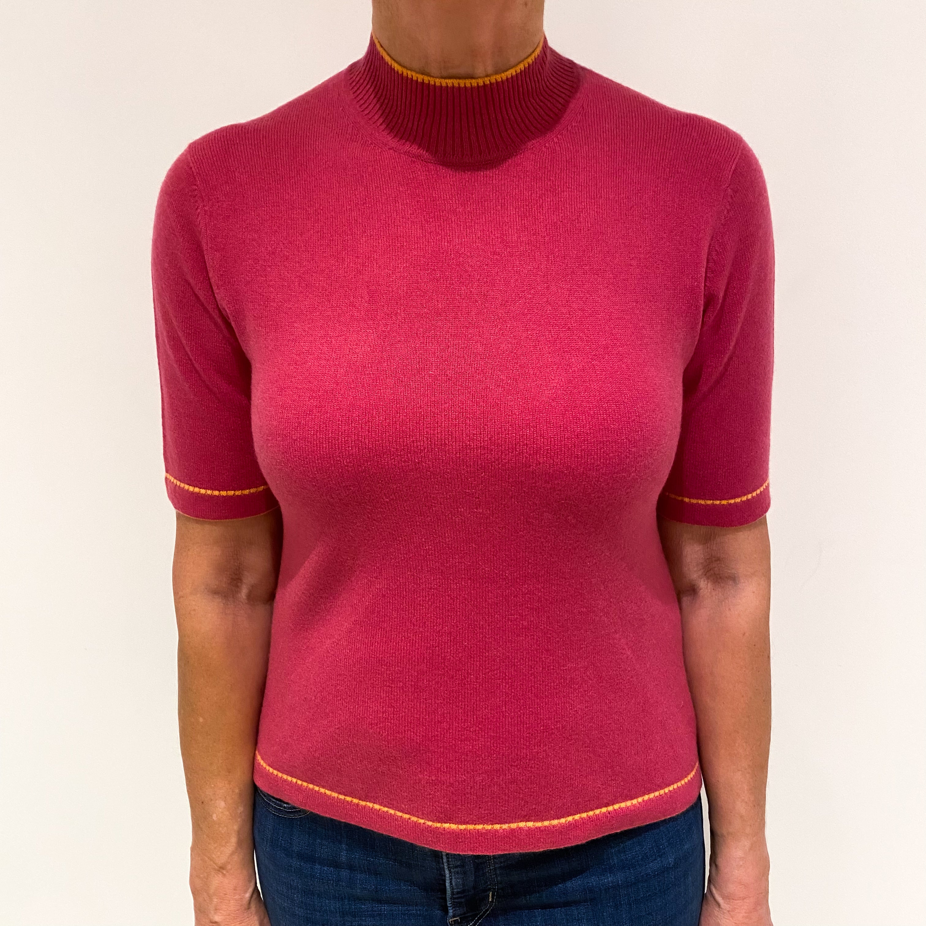 Raspberry Pink with Orange Detail Cashmere Shortsleeved Turtle Neck Jumper Medium