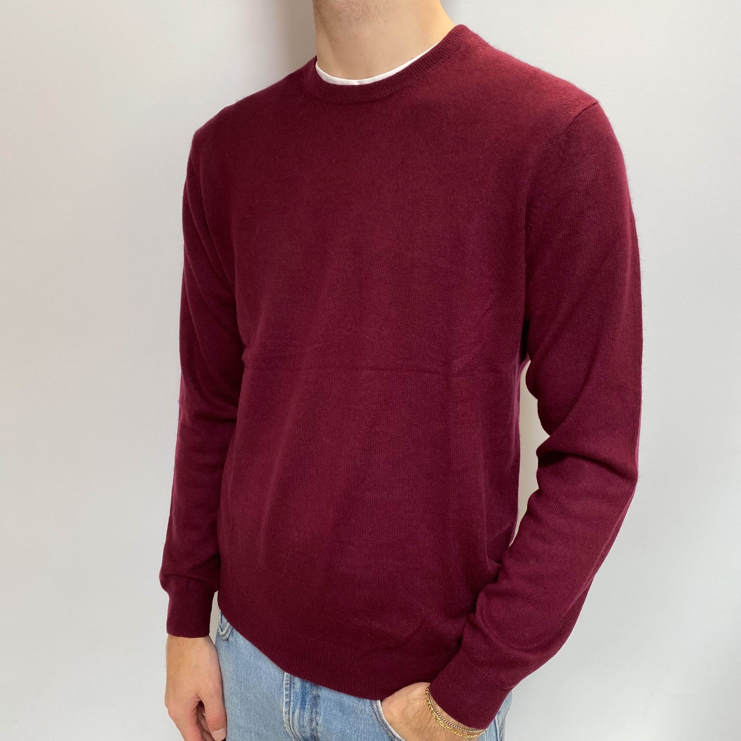 Men's Burgundy Red Cashmere Crew Neck Jumper Large