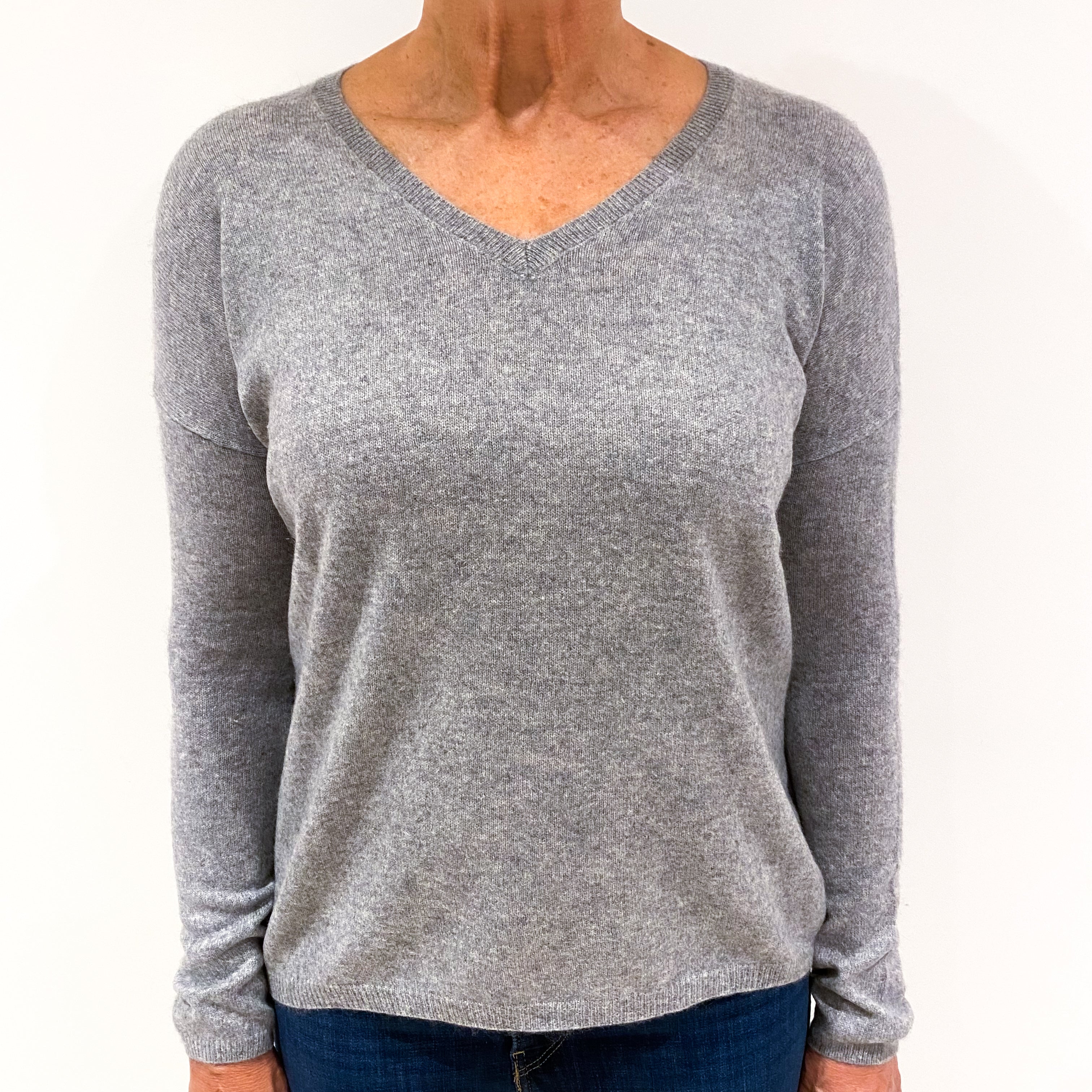 Ash Grey Cashmere V-Neck Jumper Medium