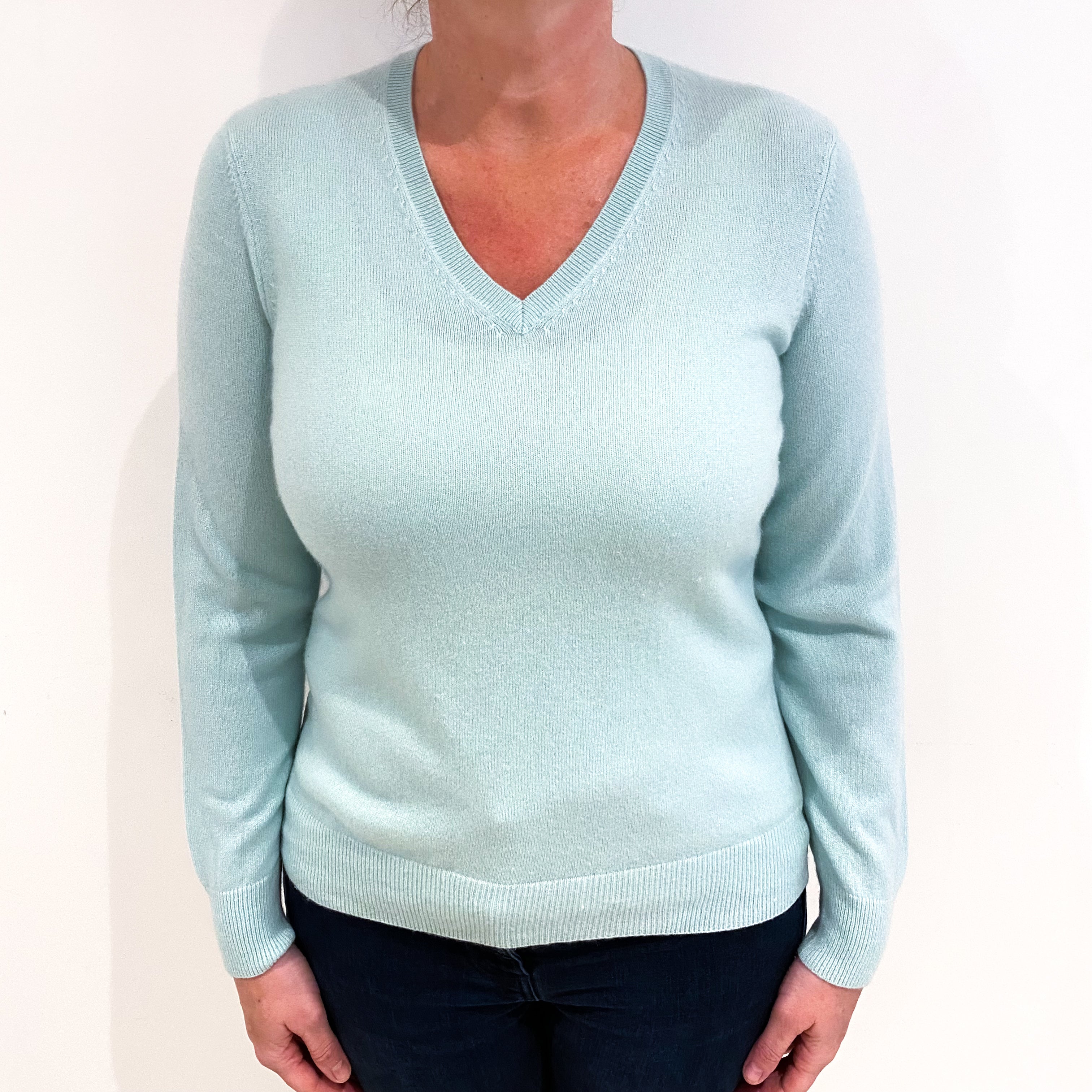 Mint Green Cashmere V Neck Jumper Large