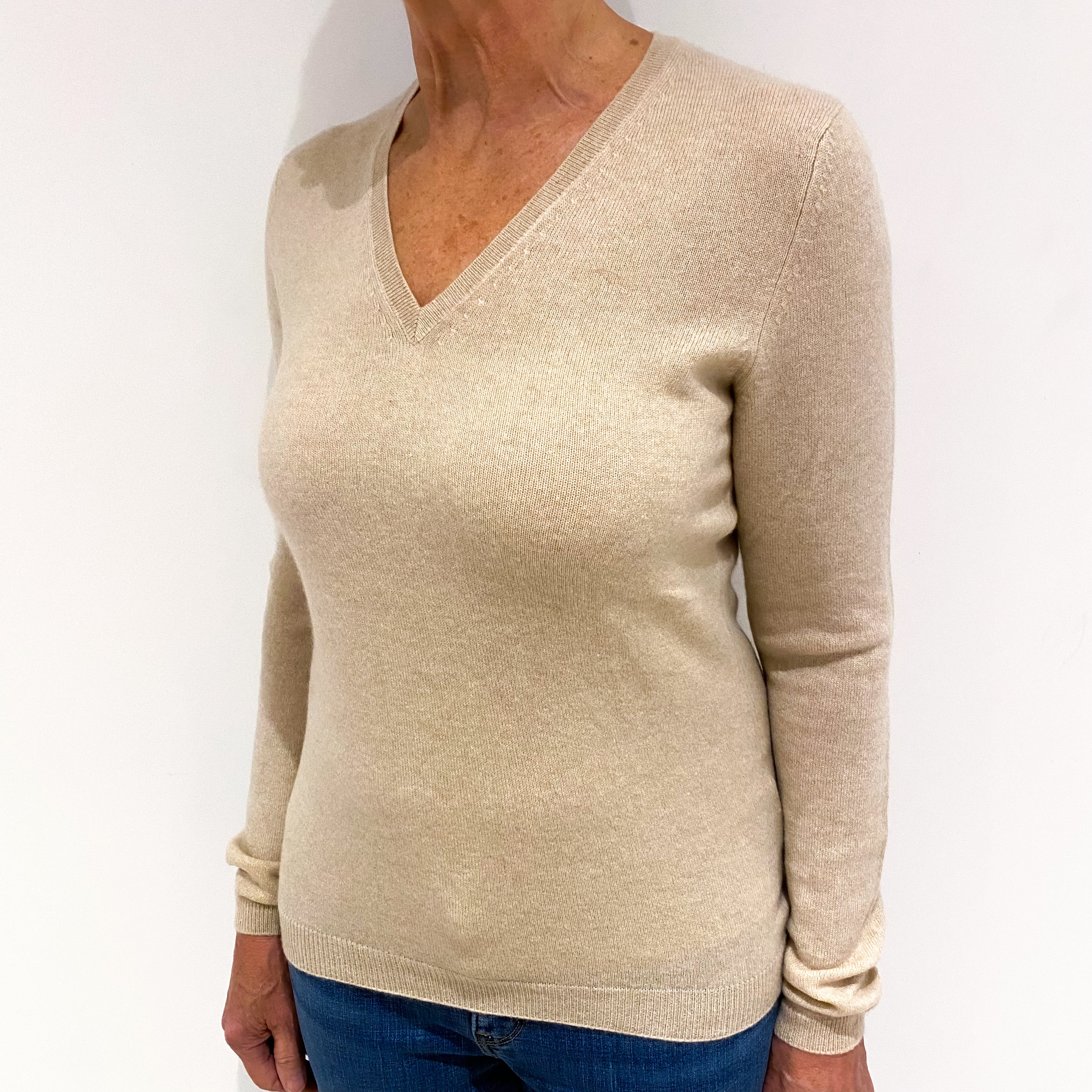 Oatmeal Beige Cashmere V Neck Jumper Medium