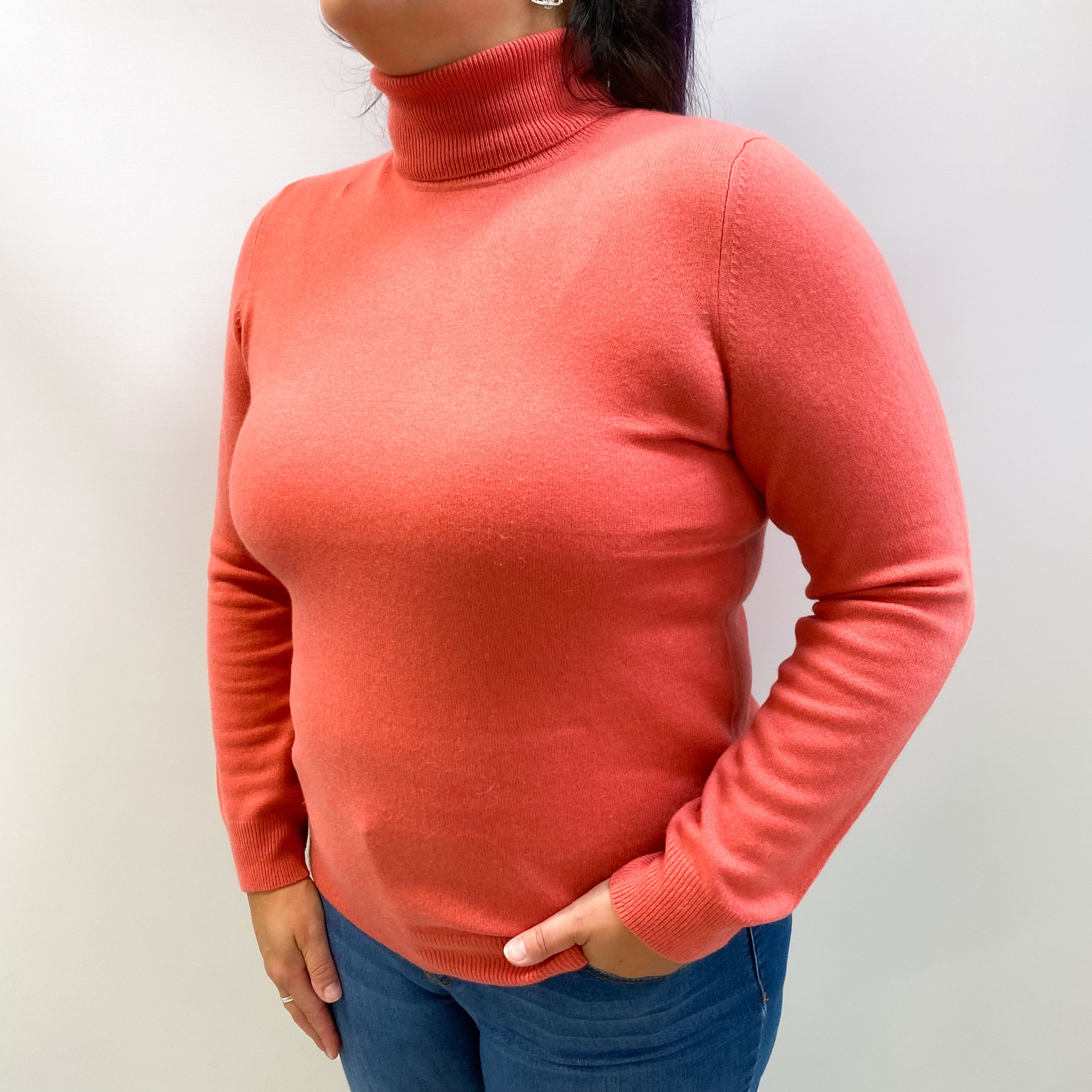 Strawberry Pink Cashmere Polo Neck Jumper Large