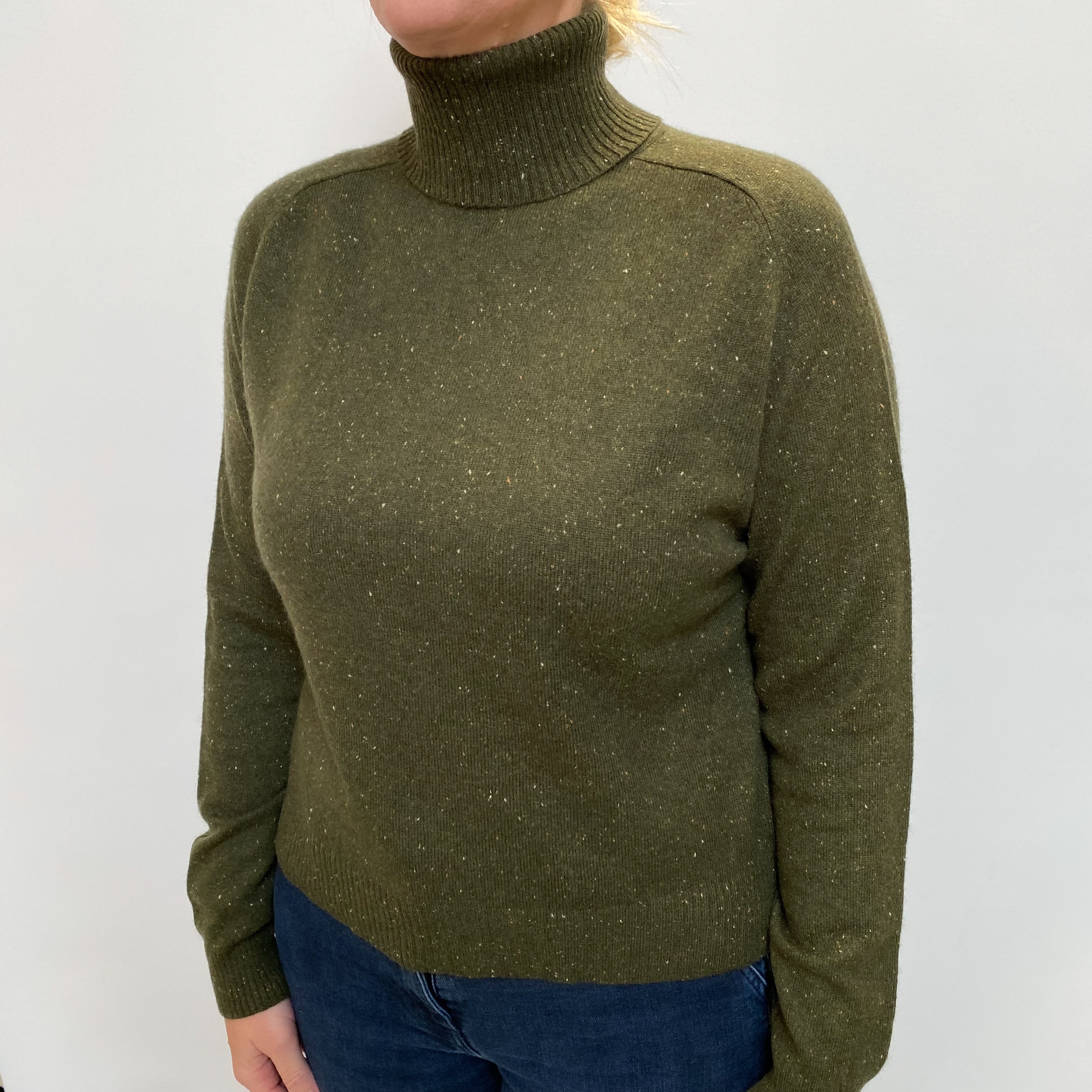 Seaweed Green Flecked Cashmere Polo Neck Jumper Large