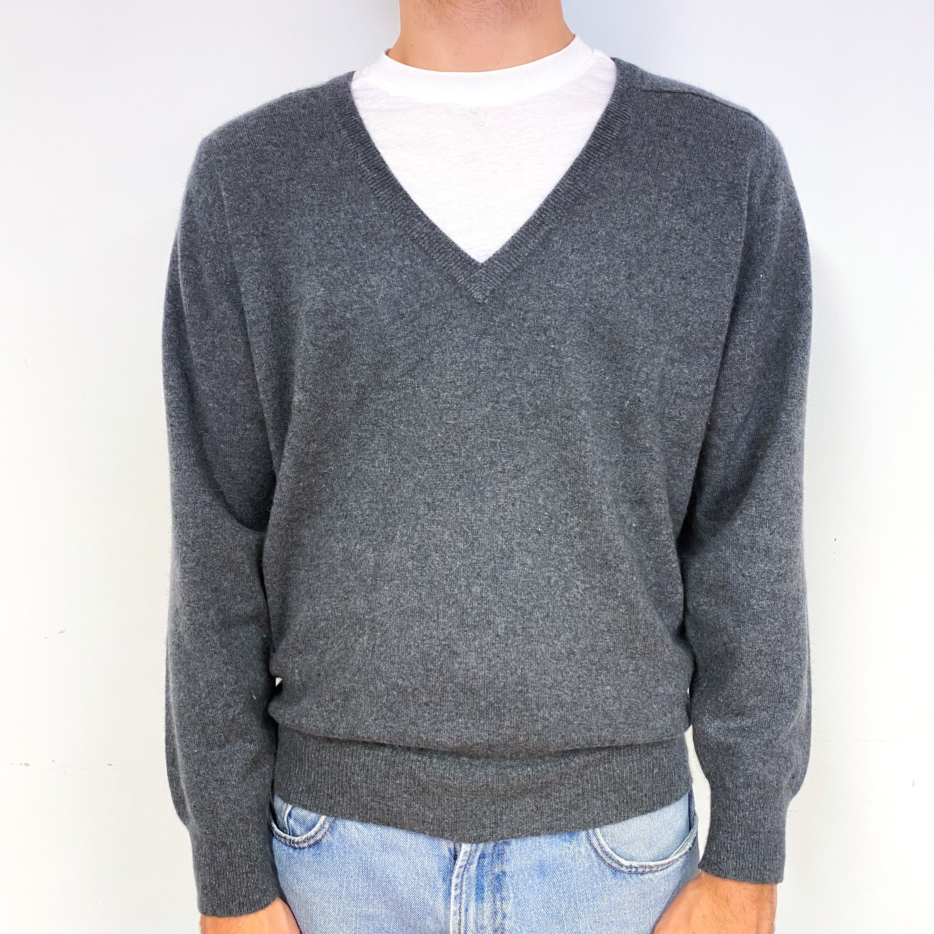Men's Slate Grey Cashmere V-Neck Jumper Medium