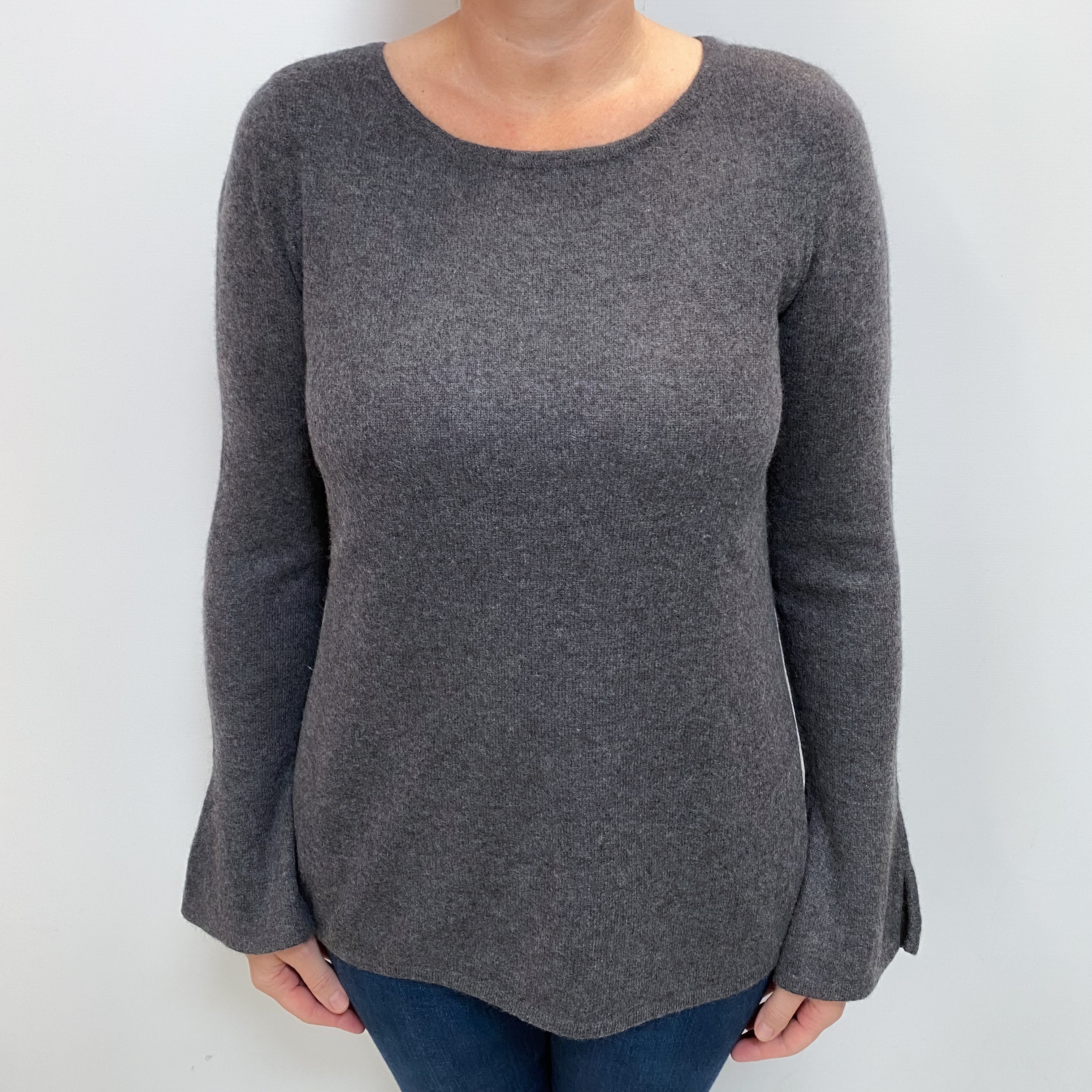 Slate Grey Cashmere Flared Cuff Crew Neck Jumper Large