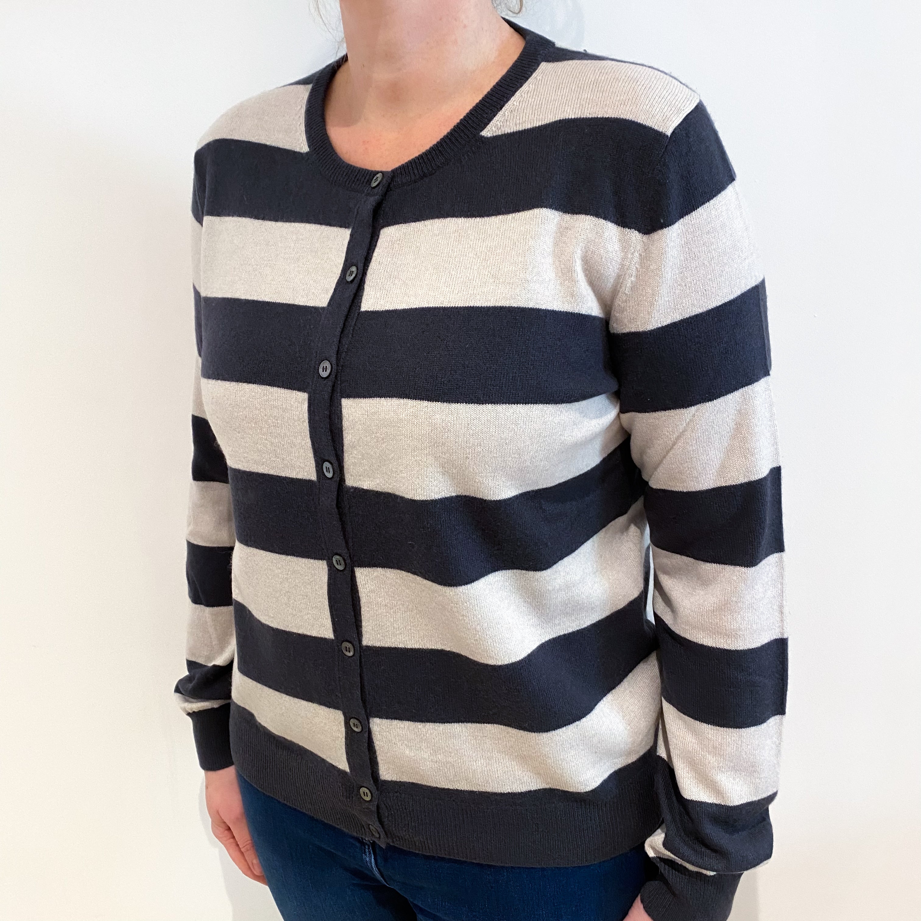 Charcoal and Alabaster Stripe Cashmere Crew Neck Cardigan Large