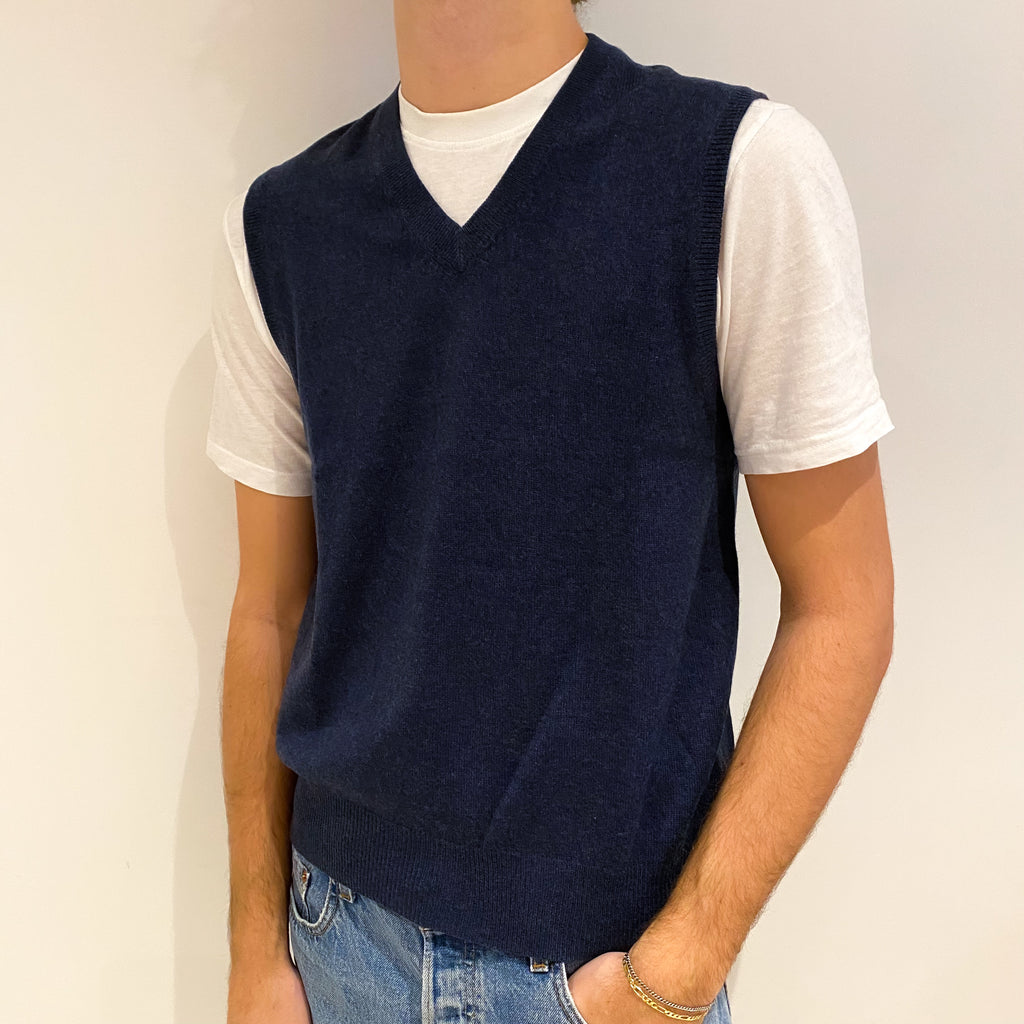 Men's Dark Denim Blue Cashmere V Neck Tank Top Medium