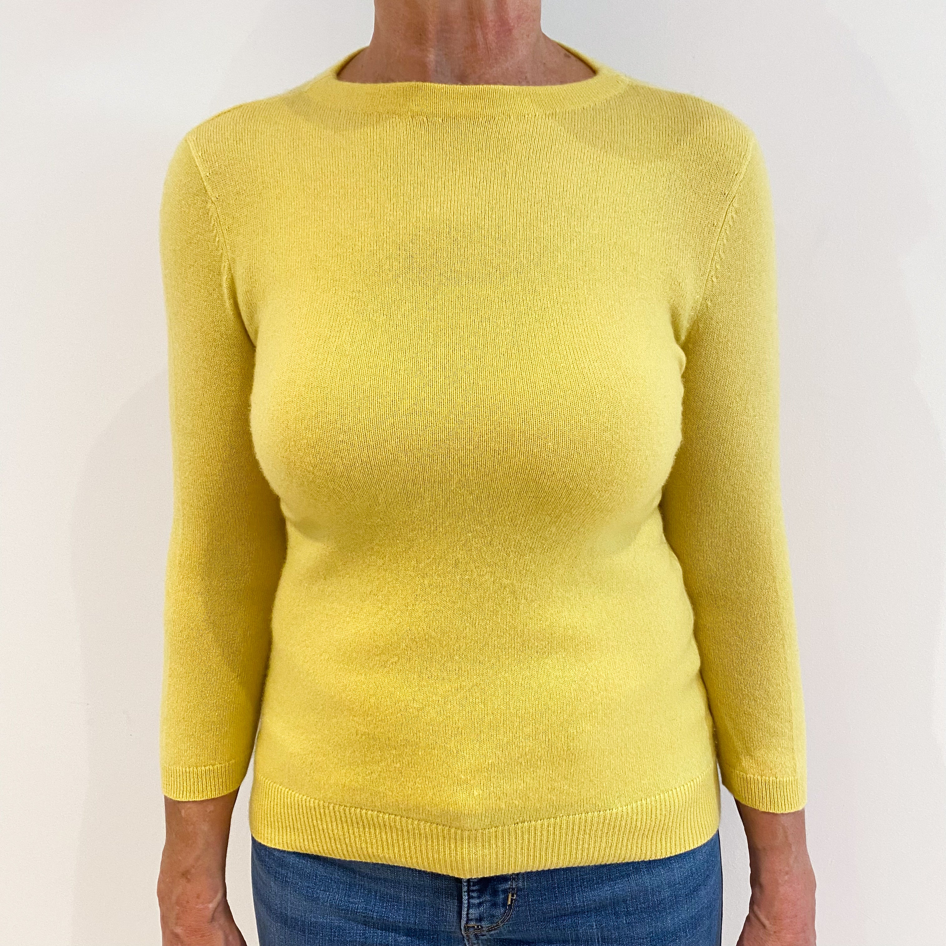 Lemon Yellow 3/4 Sleeved Cashmere Crew Neck Jumper Medium
