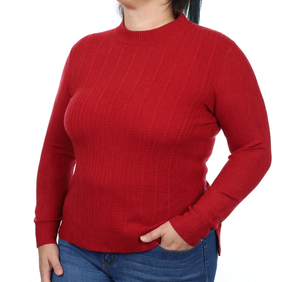 Crimson Red Cable Front Cashmere Crew Neck Jumper Large