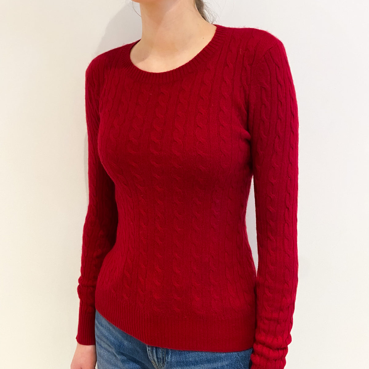 Crimson Red Cable Cashmere Crew Neck Jumper Extra Small