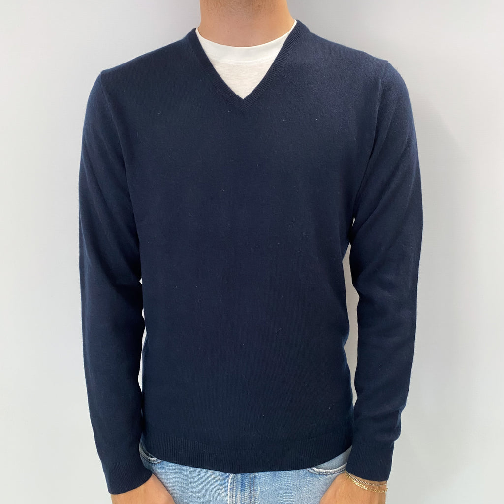 Men's Navy Blue Cashmere V Neck Jumper Medium