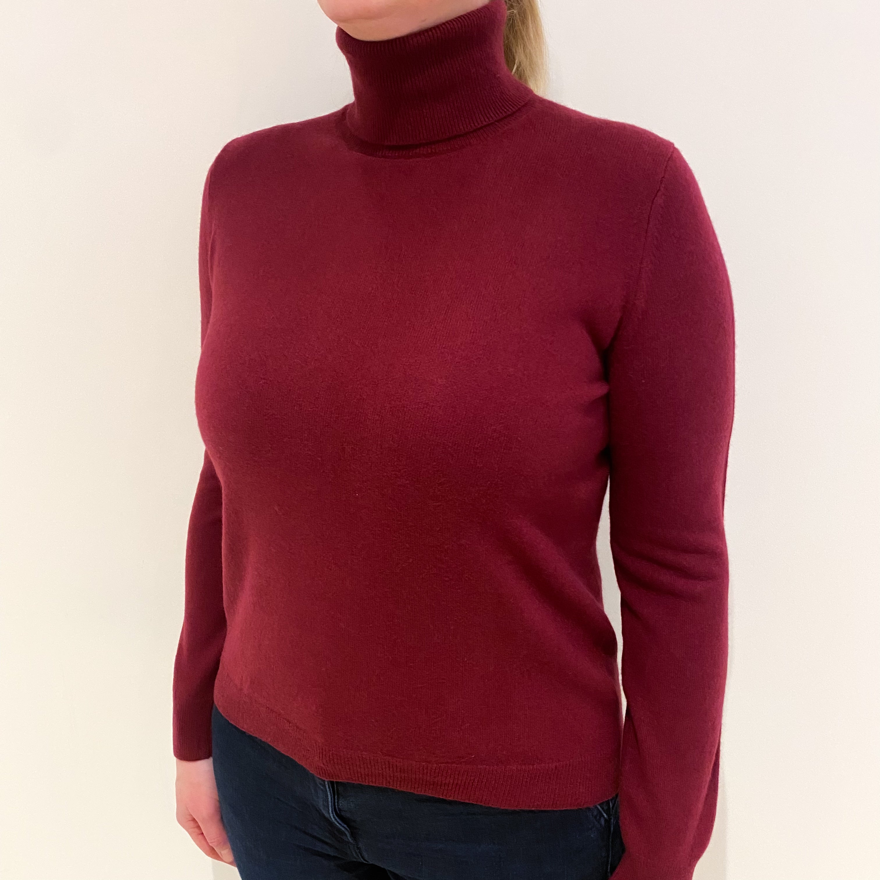 Burgundy Red Cashmere Polo Neck Jumper Large