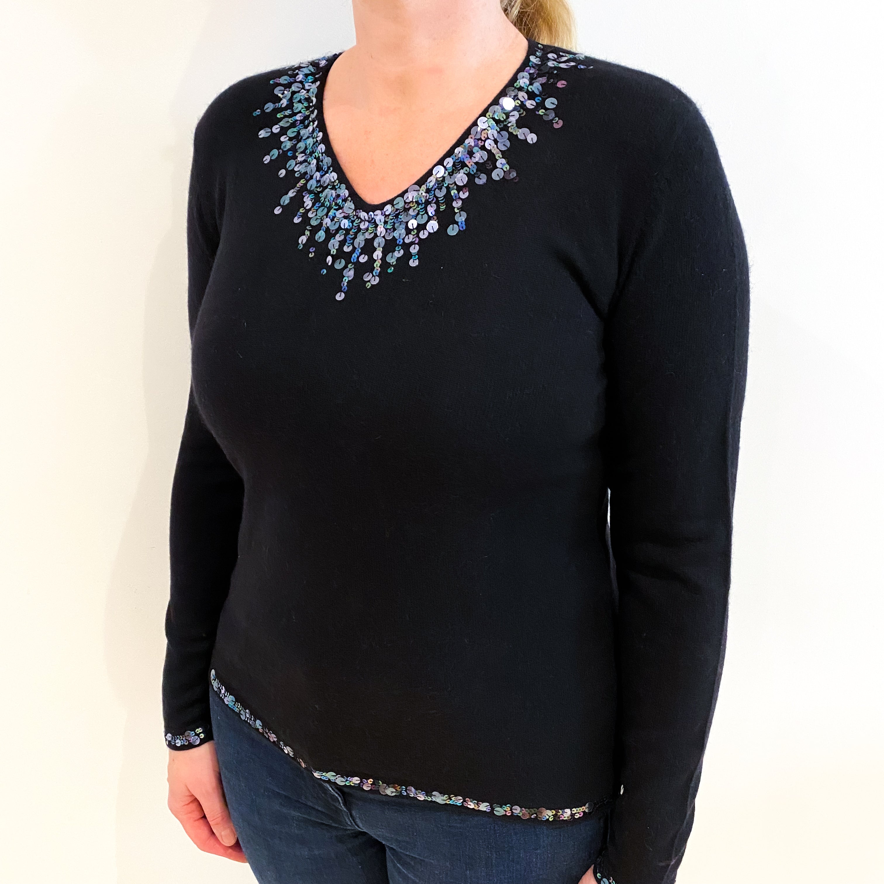 Black Sequinned Cashmere V Neck Jumper Large
