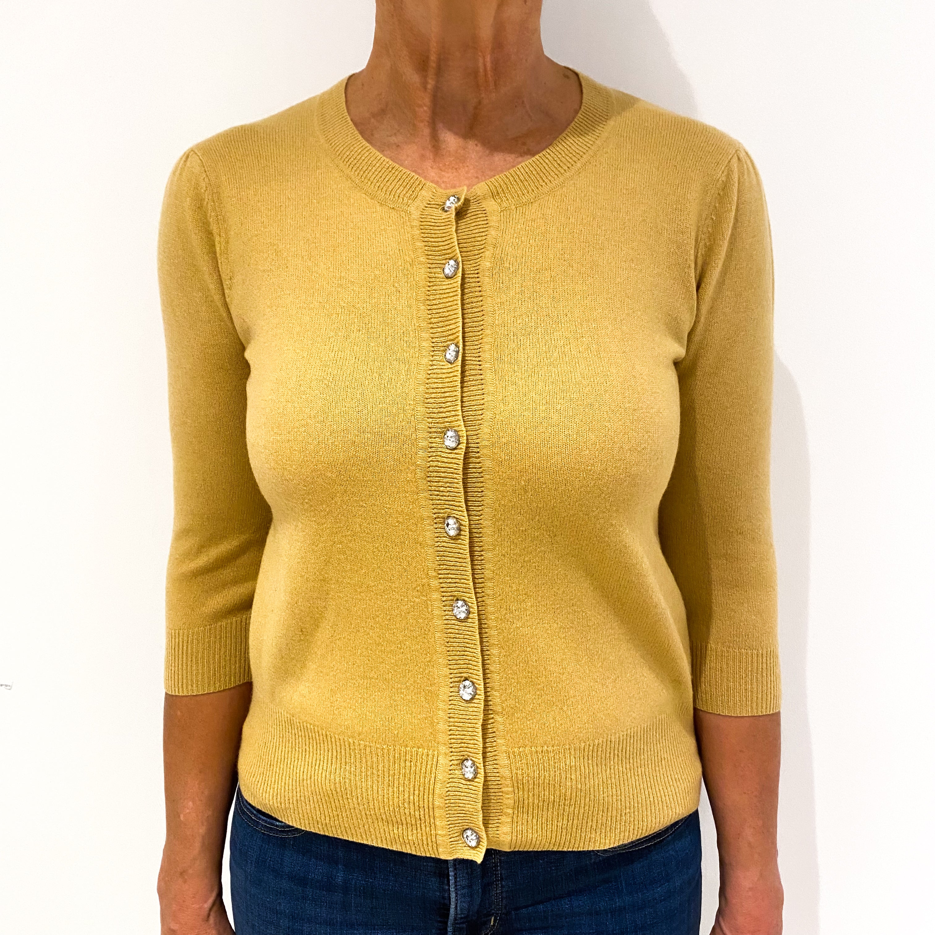 Mustard Yellow 3/4 Sleeved Cashmere Crew Neck Cardigan Medium