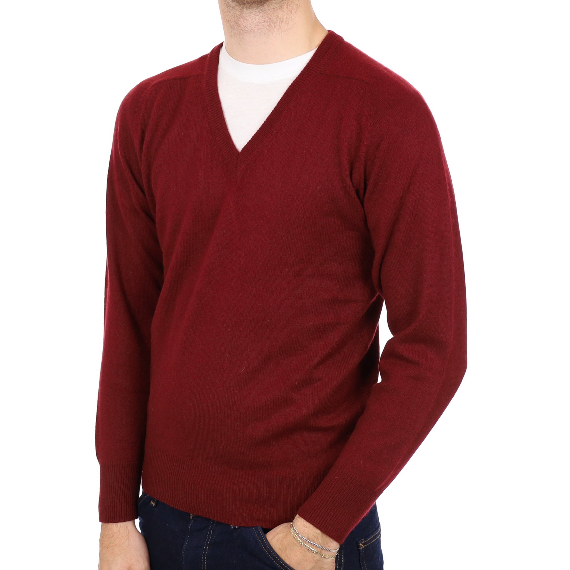 Men's Burgundy Red Cashmere V Neck Jumper Medium