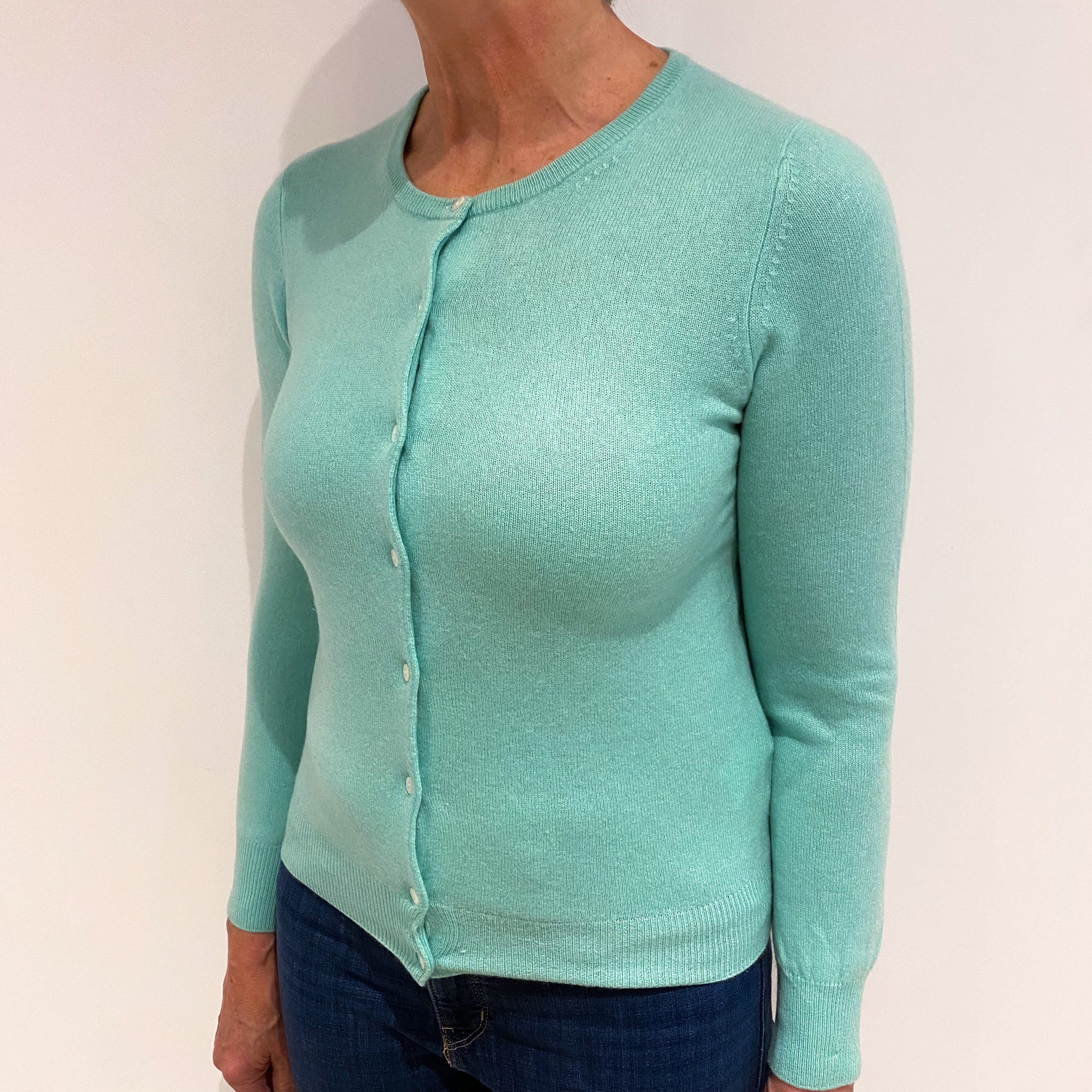 Deep Mint Green Cashmere Crew Neck Cardigan Medium