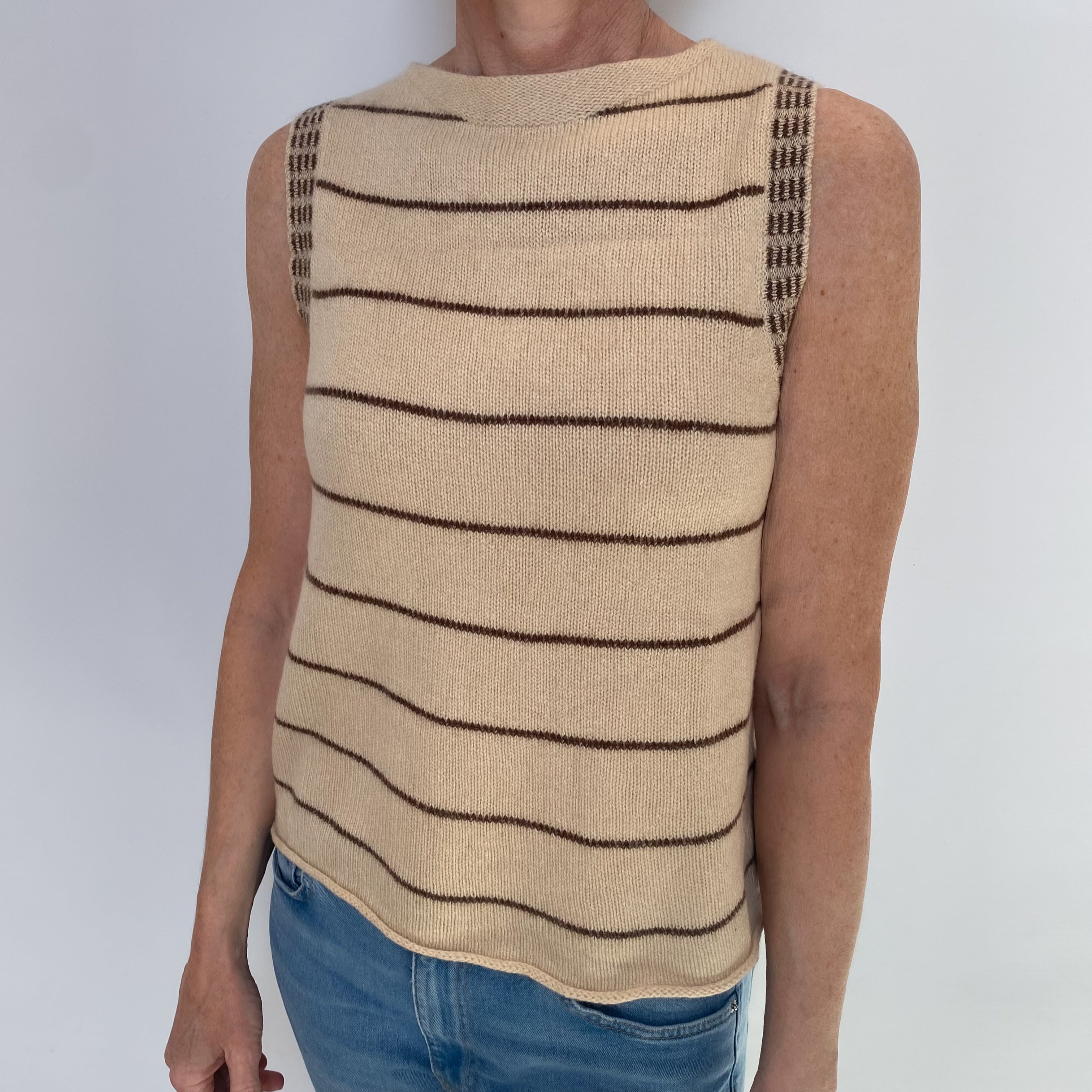 Beige Brown Stripe Cashmere Sleeveless Boat Neck Jumper Small
