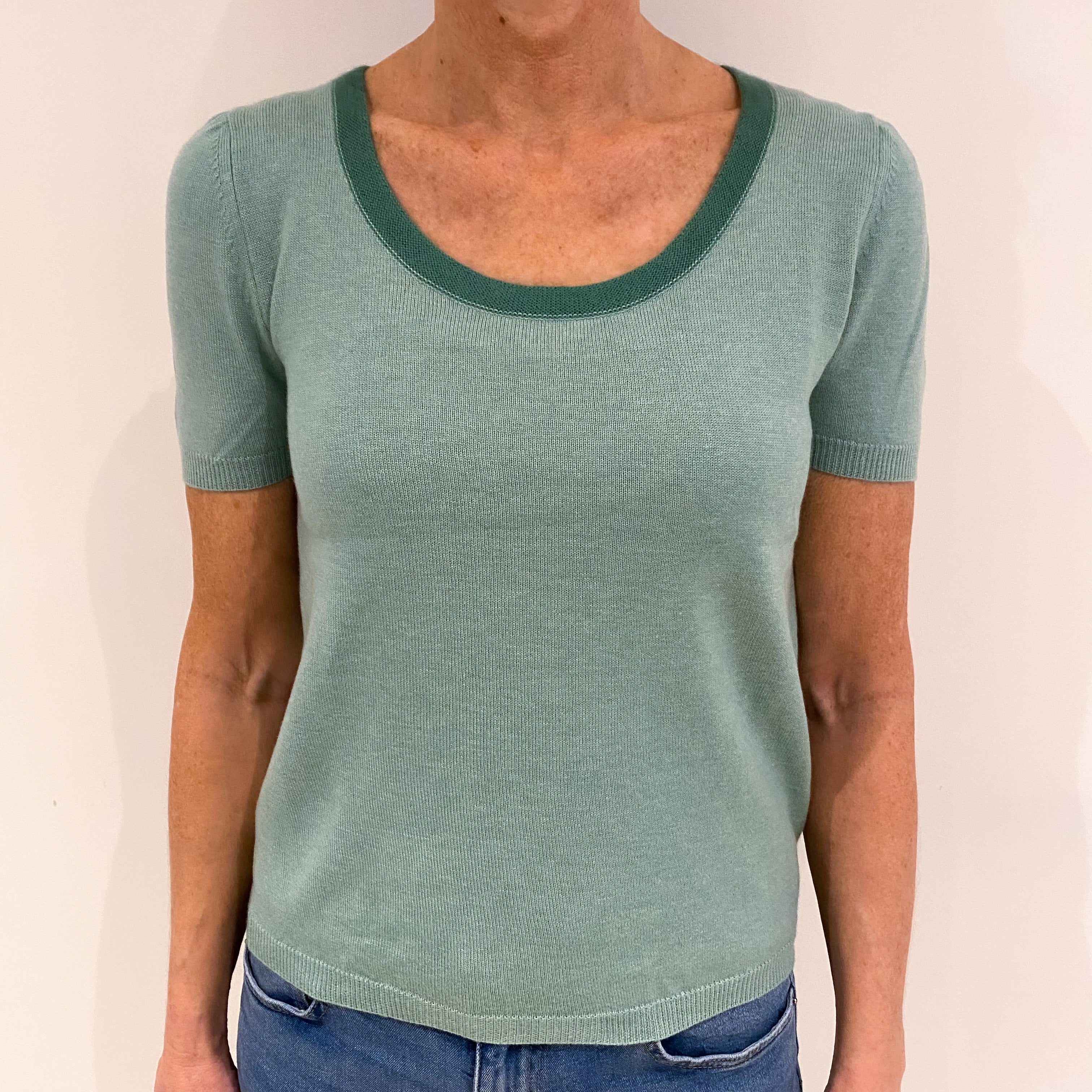 Mint Green Cashmere Short Sleeved Crew Neck Jumper Small