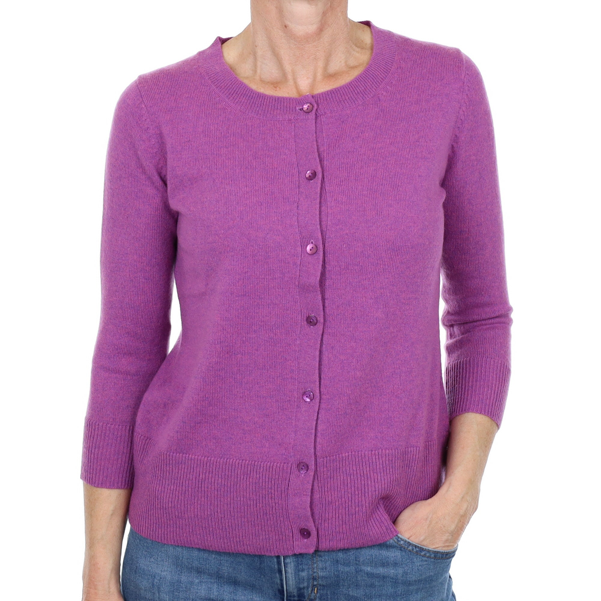 Violet Purple Marl Cashmere Crew Neck Cardigan Small