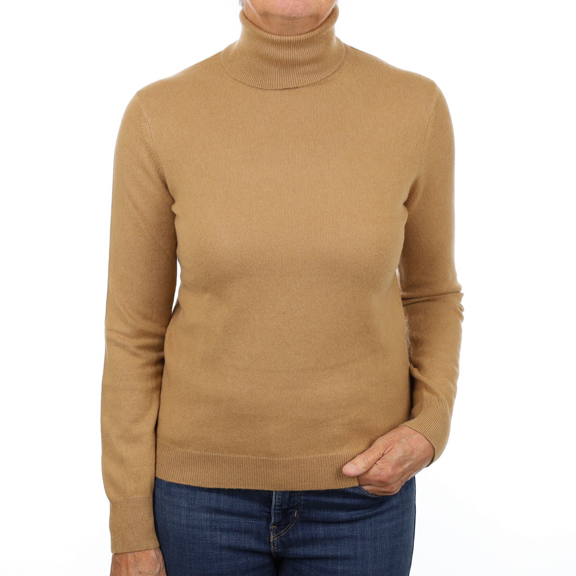 Camel Brown Cashmere Polo Neck Jumper Medium