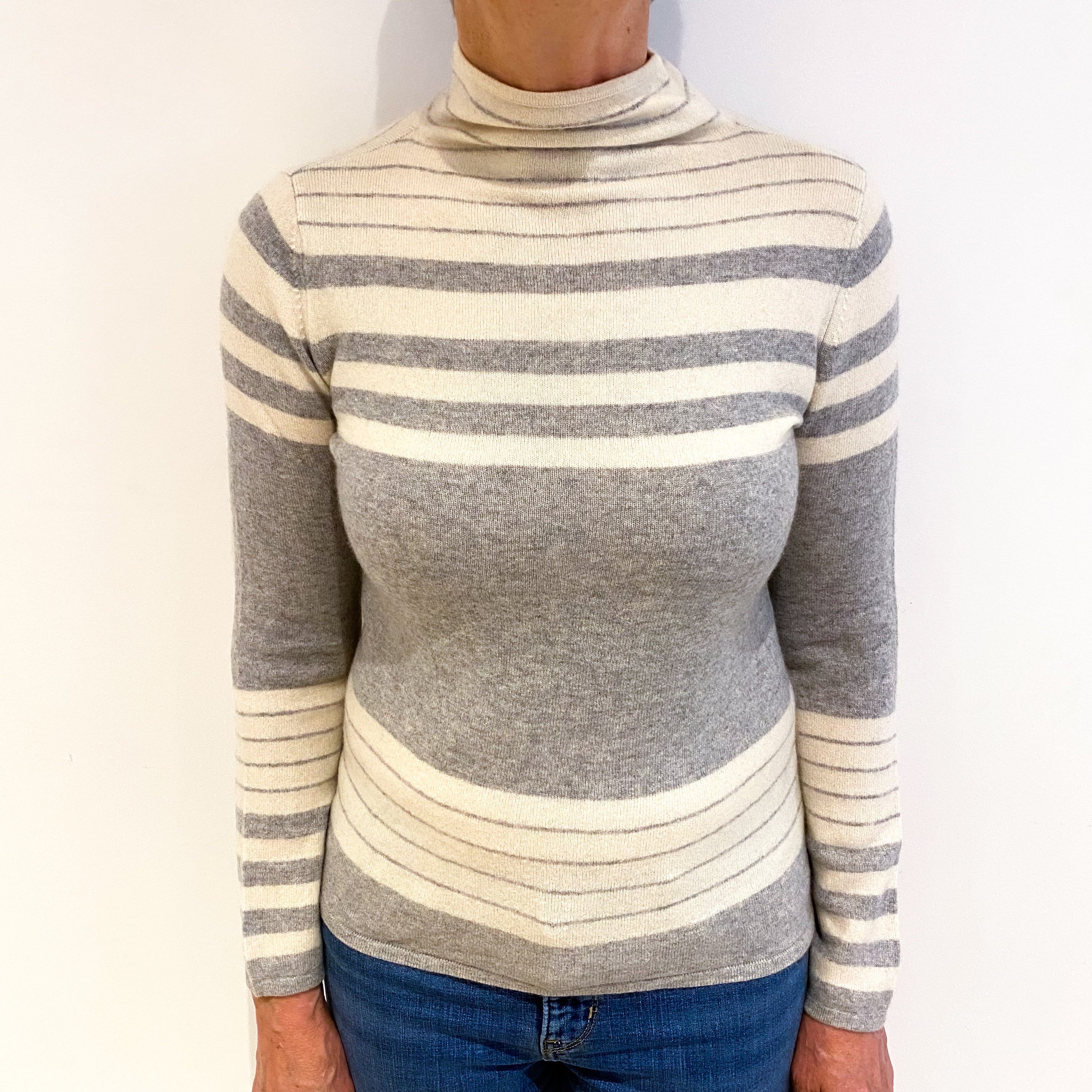 Smoke Grey And Cream Stripe Cashmere Funnel Neck Jumper Medium