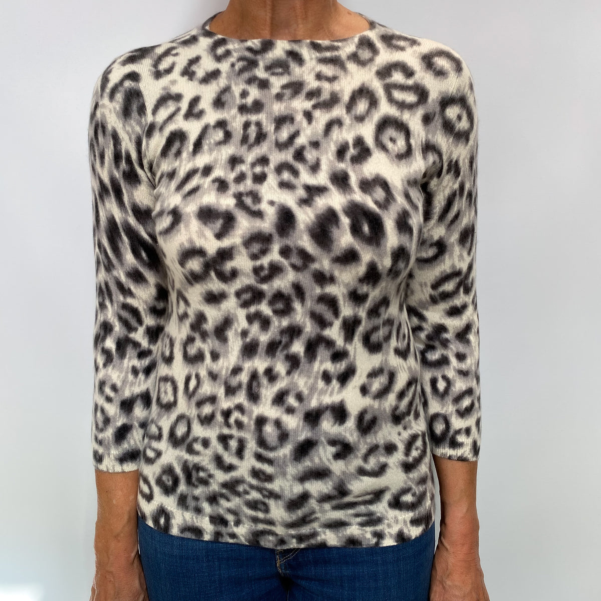 Cream and Grey Animal Print Cashmere Crew Neck Jumper Medium