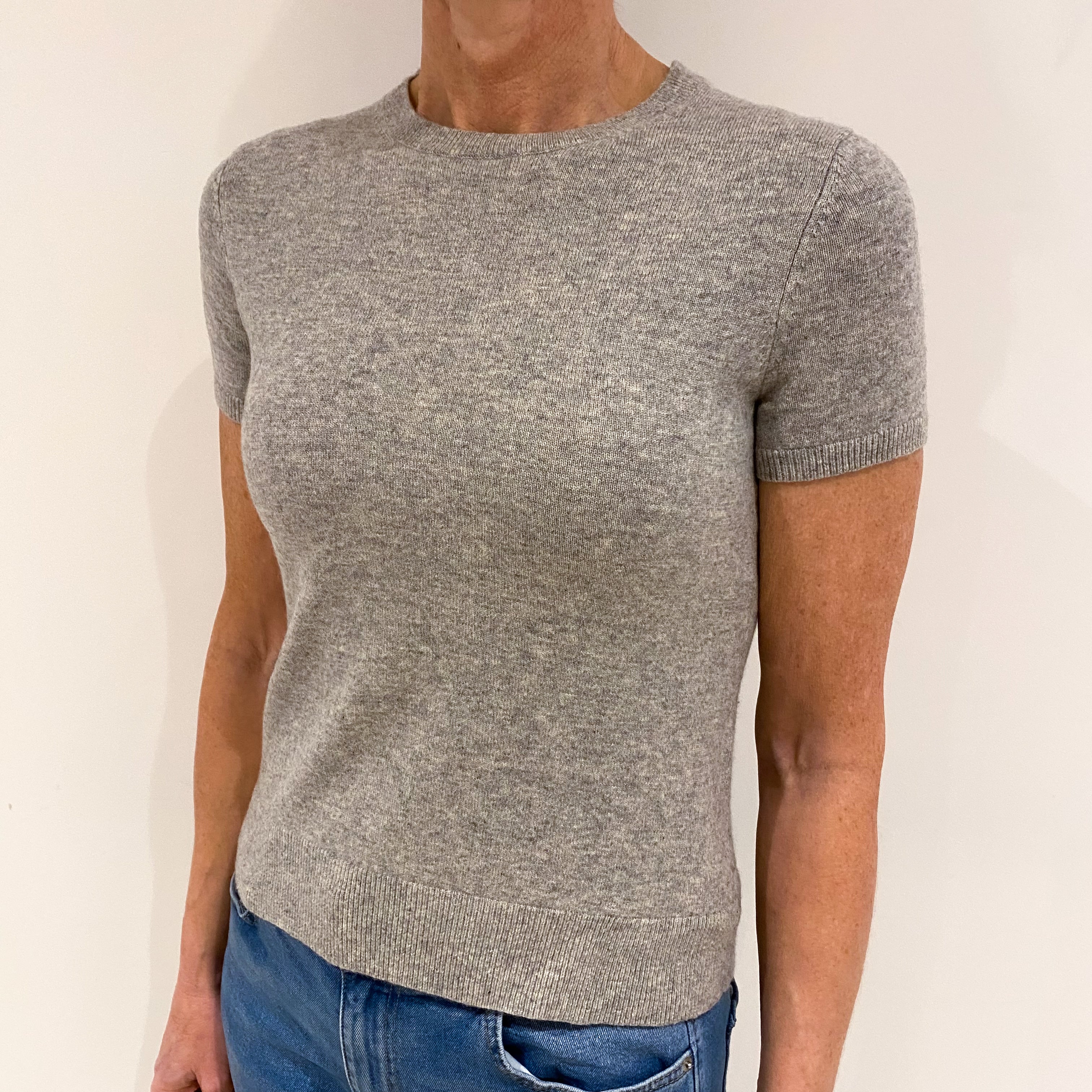 Smoke Grey Cashmere Short Sleeved Crew Neck Jumper Small